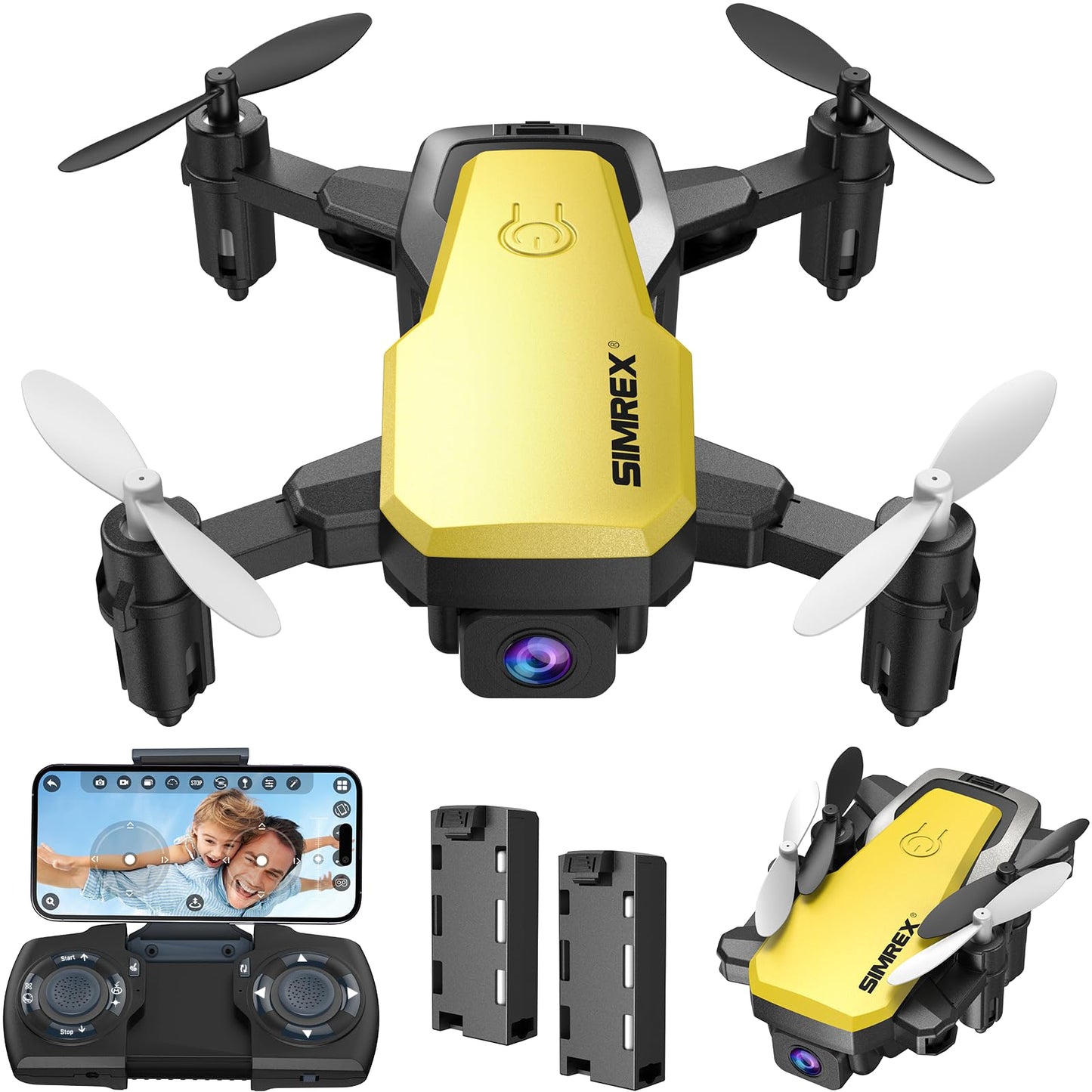 SIMREX X300C Mini Drone with Camera 720P HD FPV, RC Quadcopter Foldable Drone With Altitude Hold, 3D Flip, Headless Mode, Gravity Control and 2 Batteries, Gifts for Kids, Adults, Beginner, Yellow