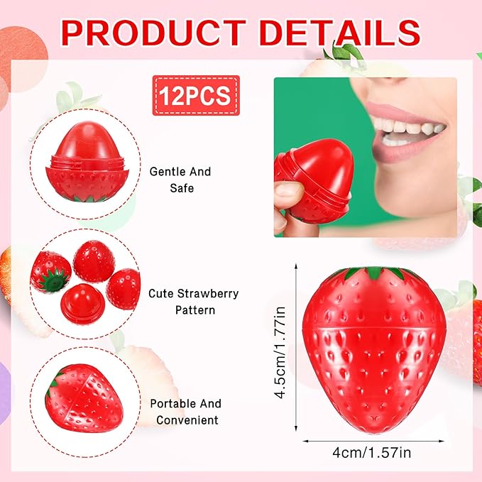 12 Pcs Cute Lip Balm Strawberry Wrinkle Repair Moisturizing and Plumping Lasting Hydrating Strawberry Shaped Lip Protector for Women Valentines Gift