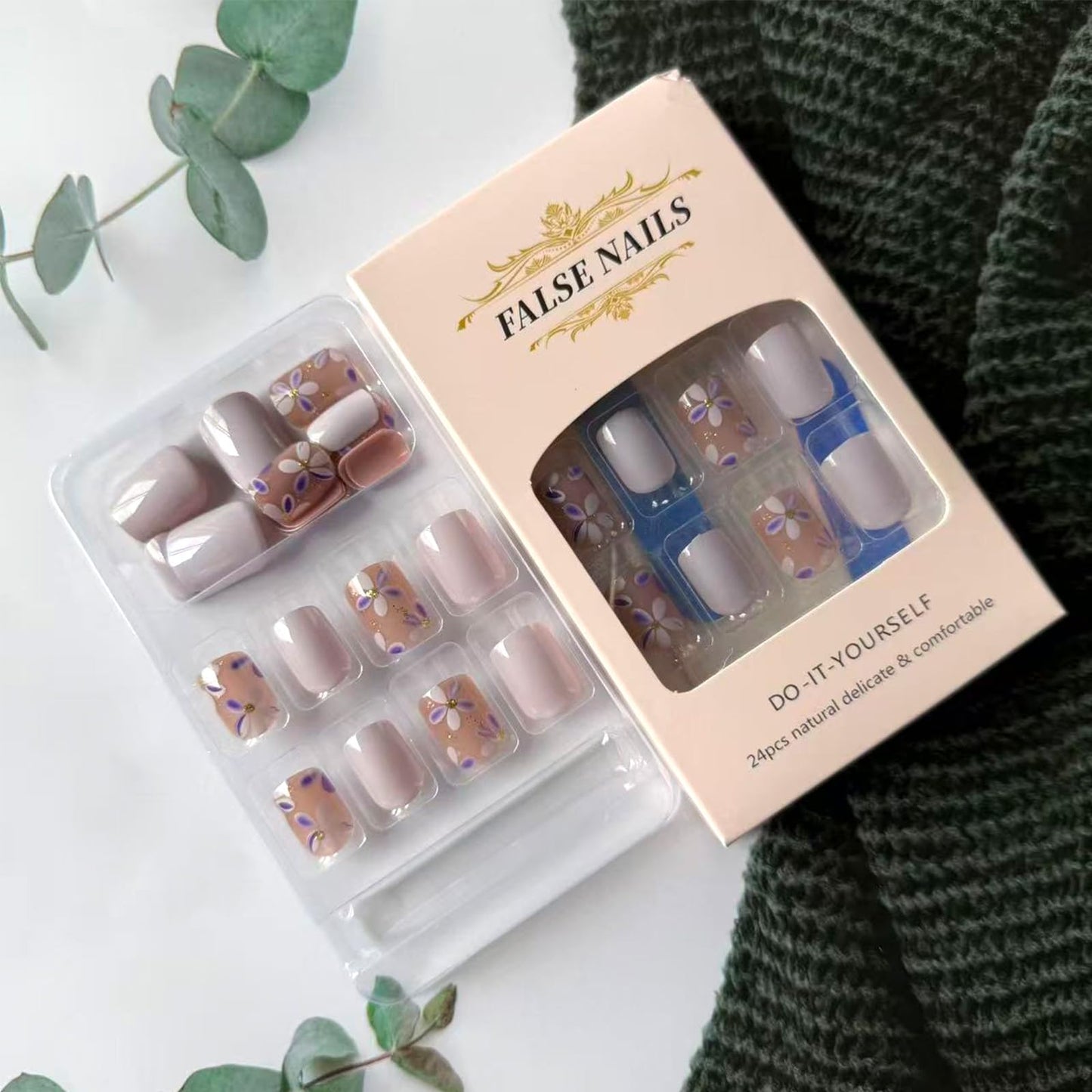 Short Square Press on Nails Cute Purple Floral Design Fake Nails 24Pcs Spring Summer Flower Press on False Nails Glossy Acrylic Glue on Nail Light Purple Stick on Nail for Women Manicure