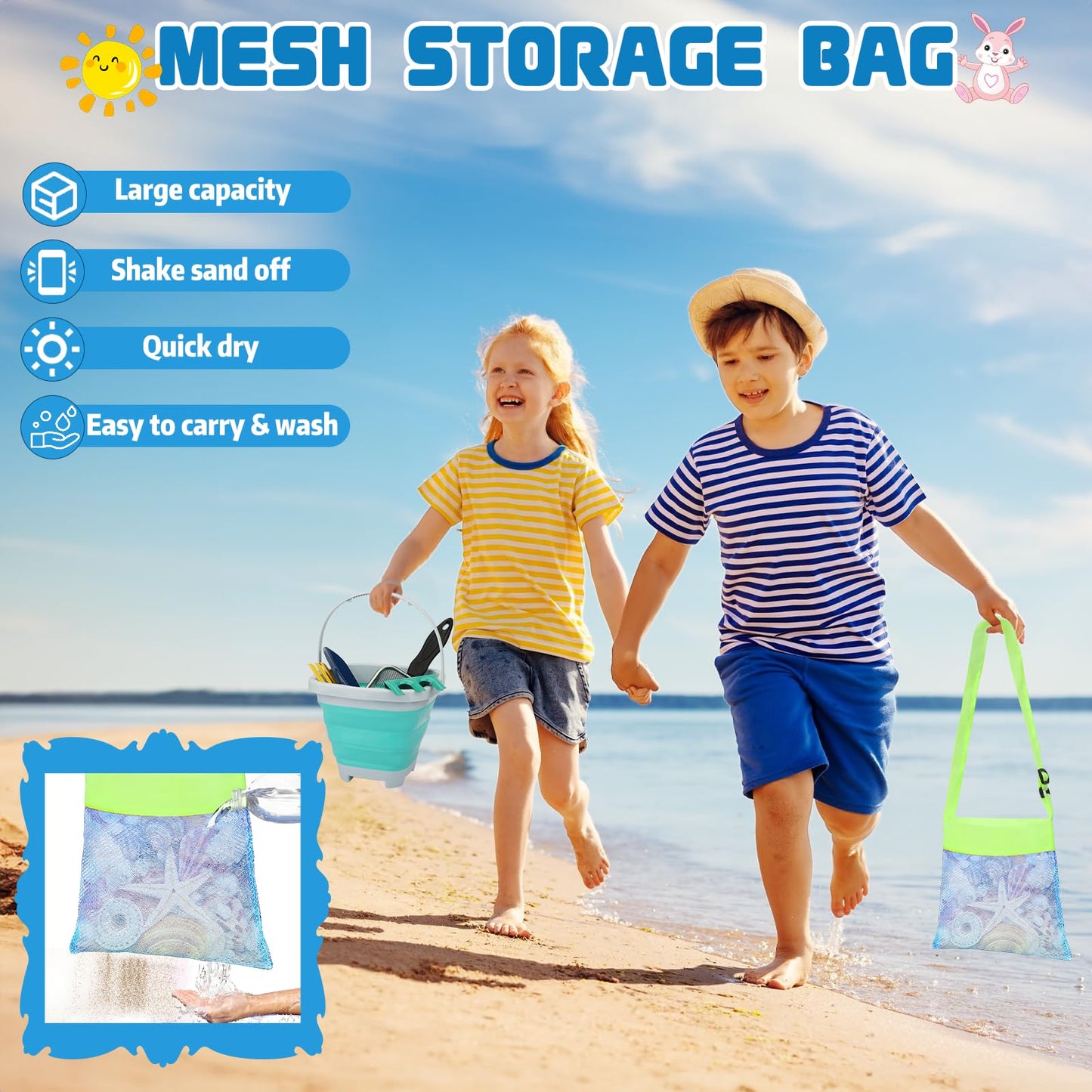 Mototo 12 Pack Beach Toys Set, Collapsible Beach Toys Included Foldable Bucket with Handle Sand Scooper Seashell Bag Mesh Shovel Hand Rake Fork Sand Sifter for Picking Up Shells Vacation Outdoor Play