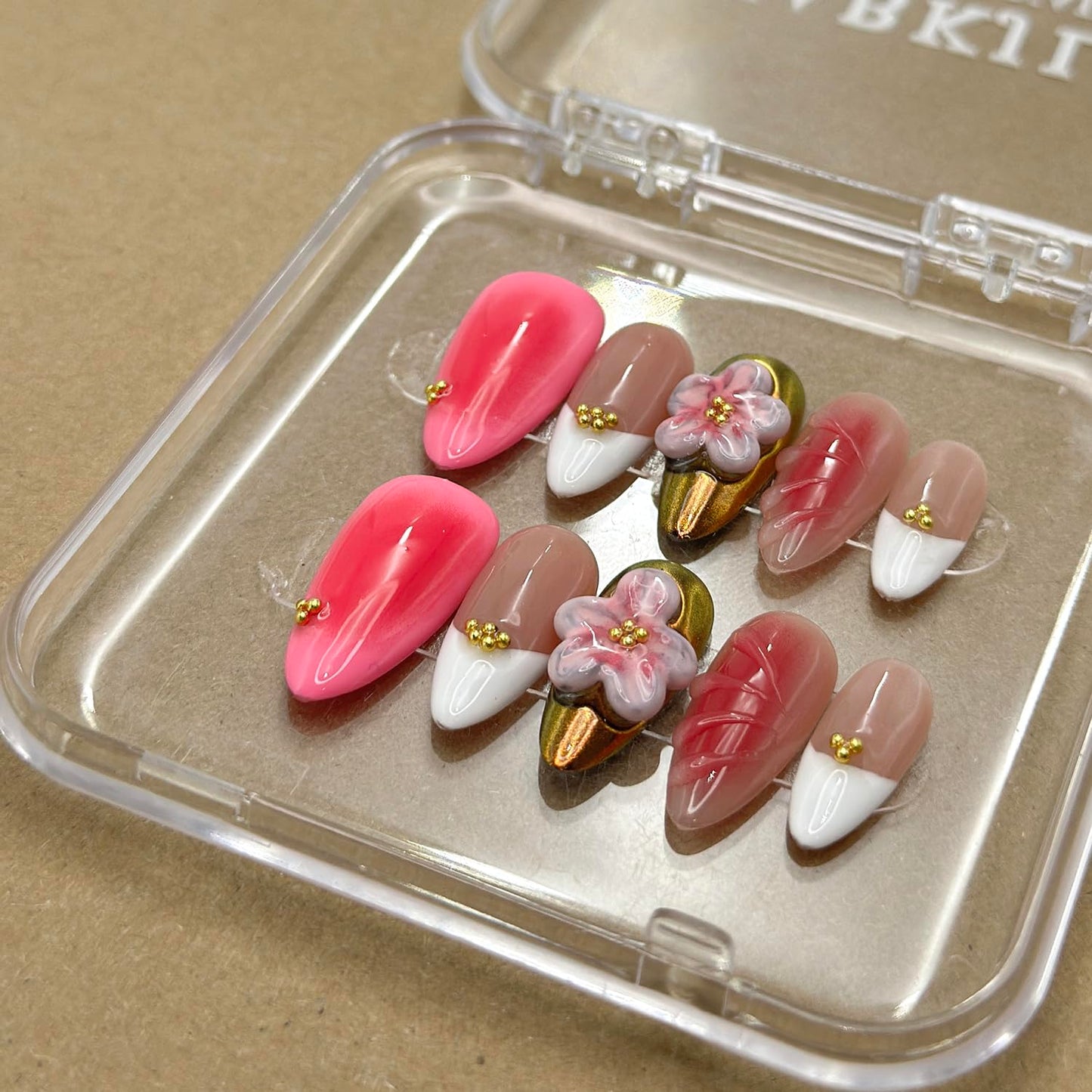 Luxury Press on Nails Medium Almond Handmade 3D Unique Reusable ABS Material Fake Nails White French Tip False Nails with Designs Pink Flower Art Petal Glossy Glue on Nails Thick Acrylic Nails(M)
