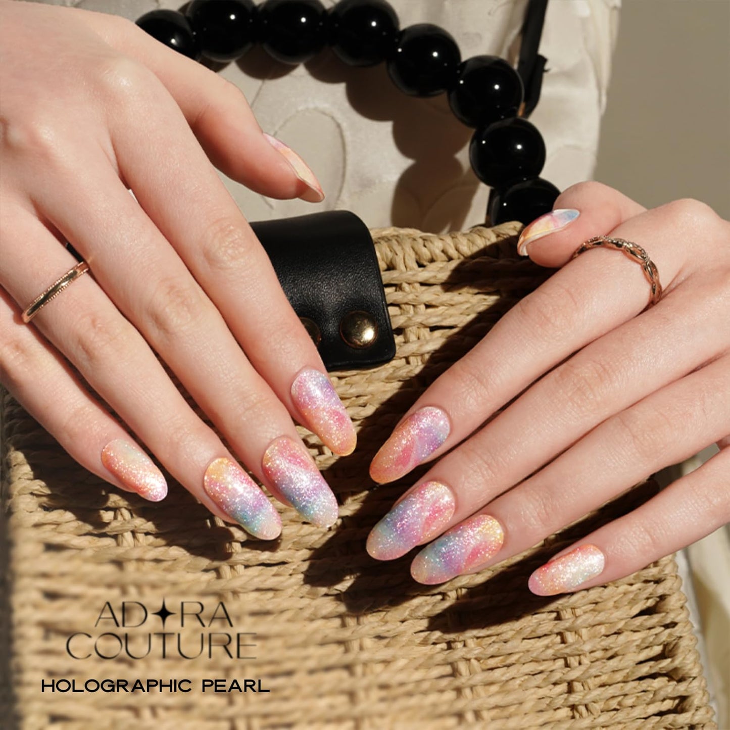 Adora Couture Semi Cured Gel Nail Strips with 20 Pieces - UV Gel Stickers, Manicure Kit, Easy Application Wraps Includes Prep Pads, Nail File, Wooden Stick - UV Light Required (Holographic Pearl)