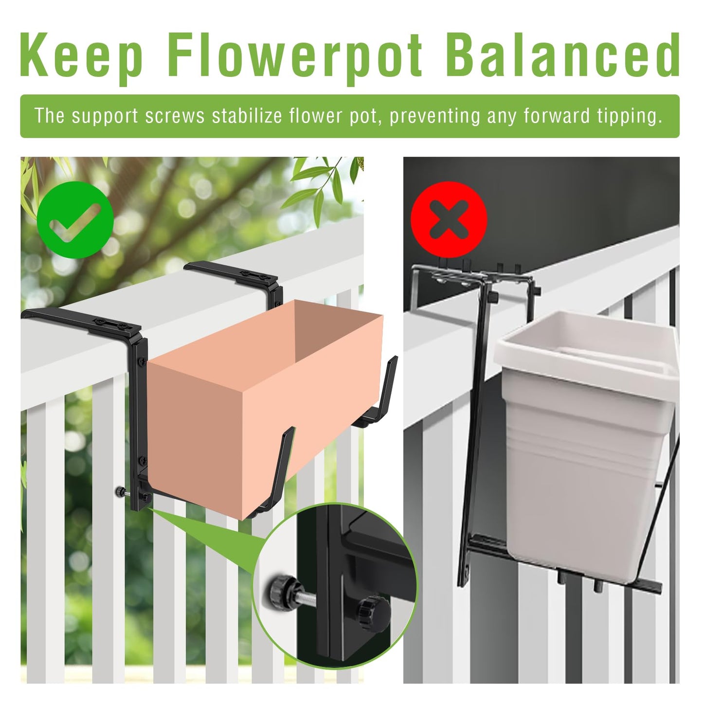 NouraVita Window Box Brackets, Adjustable Hanging Railing Planter Box Brackets, Heavy Duty Wall Mount Iron Flower Box Holder for Outdoor Windowsill, Balcony, Garden, and Fence (2 Pack)