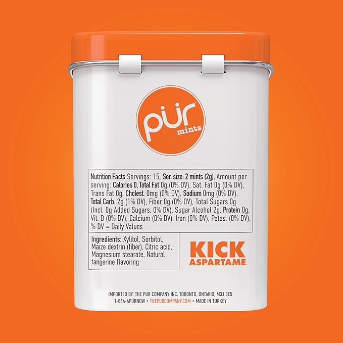 PUR Mints | Aspartame-Free | Made with Xylitol | Sugar-Free, Vegan, Gluten-Free & Keto Friendly | Natural Tangerine Tango Flavor, 30 Pieces (Pack of 12)