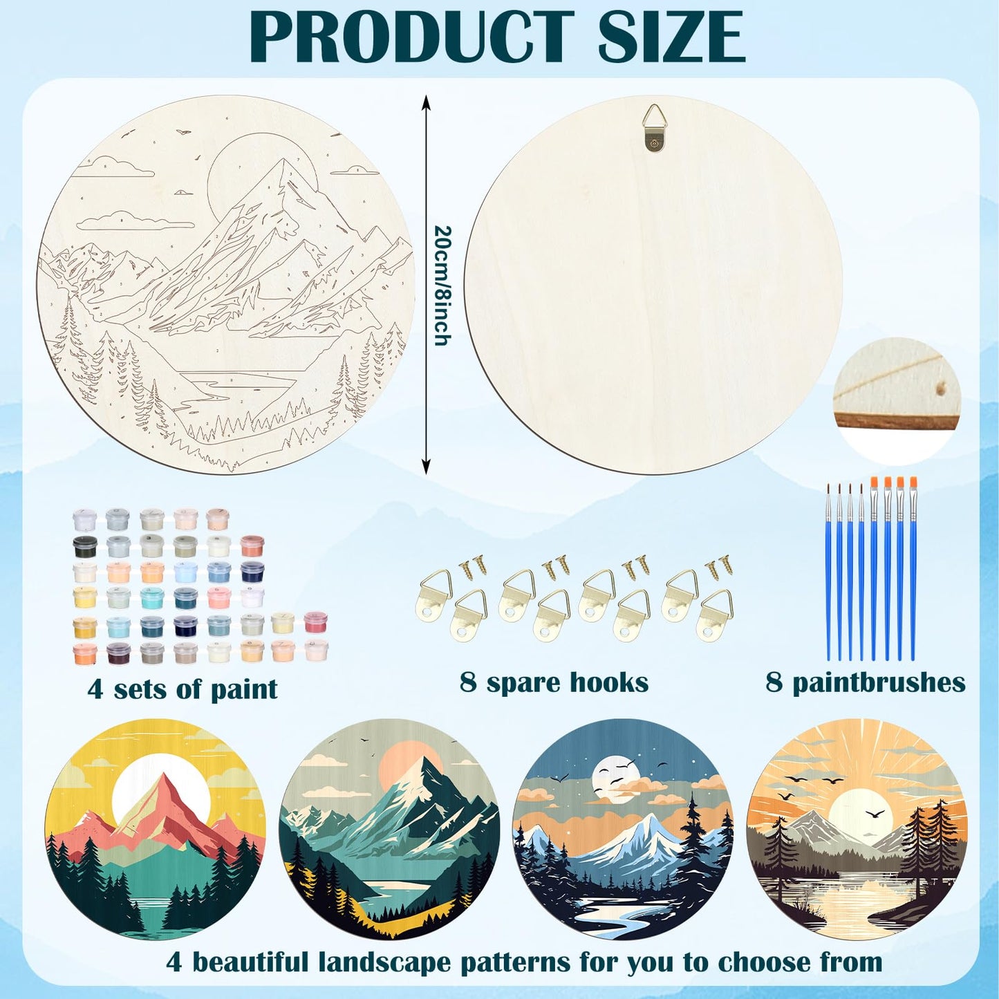 Faccito 4 Pack Wooden Landscape Paint by Numbers Kit for Adults Beginners 8 Inch Unfinished Round Wood Board Acrylic Paint Nylon Brush Hook Distant Mountains Sunset Lake DIY Crafts for Home Wall Decor