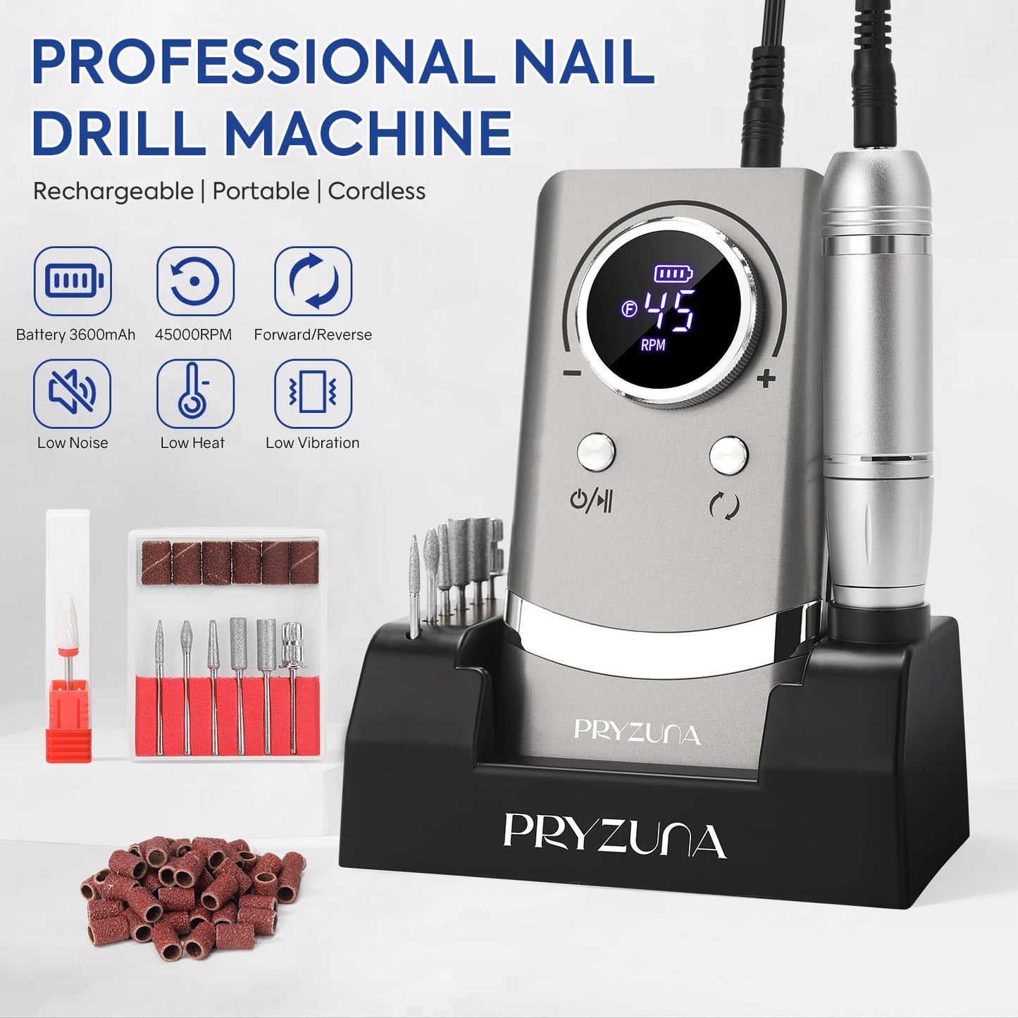 Portable Nail Drill Electric File: 45000RPM Professional Rechargeable Nail E File Machine for Acrylic & Gel Nails, Cordless Efile with 7 Drill Bits, 56 Sanding Bands & Base for Salon Home (Gray)