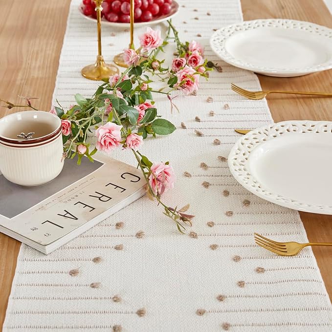 Wracra Boho Table Runner, Natural Cotton Woven Macrame Table Runners 36 Inches Long for Modern Farmhouse Woven Home Decor, 14x36 Inch, Taupe