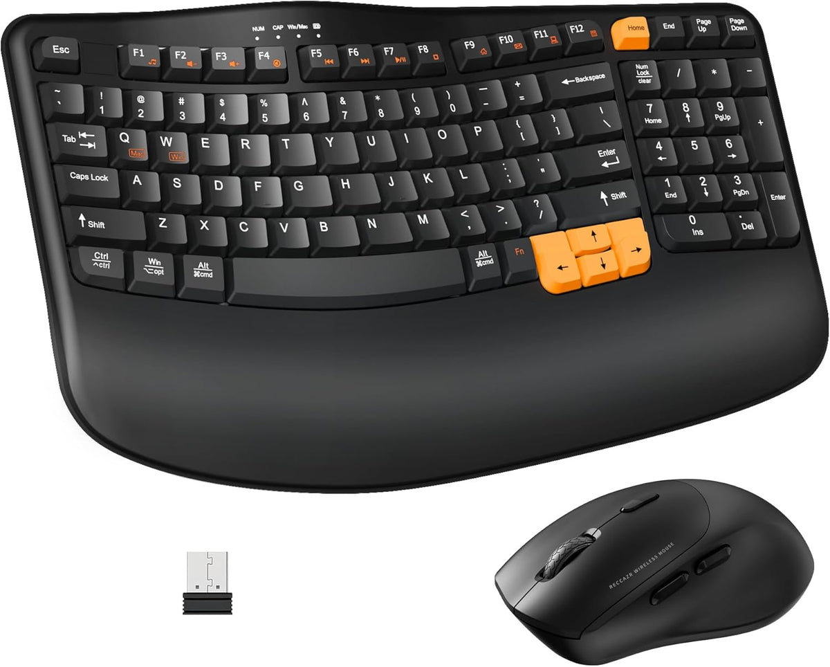 Wireless Keyboard and Mouse Combo, 2.4G Wave Keys Ergonomic Keyboard with Palm Rest and 3 DPI Silent Mouse, Compact Size for Natural Typing, Spill-Resistant, for Windows/PC/Laptop/Mac(Black)