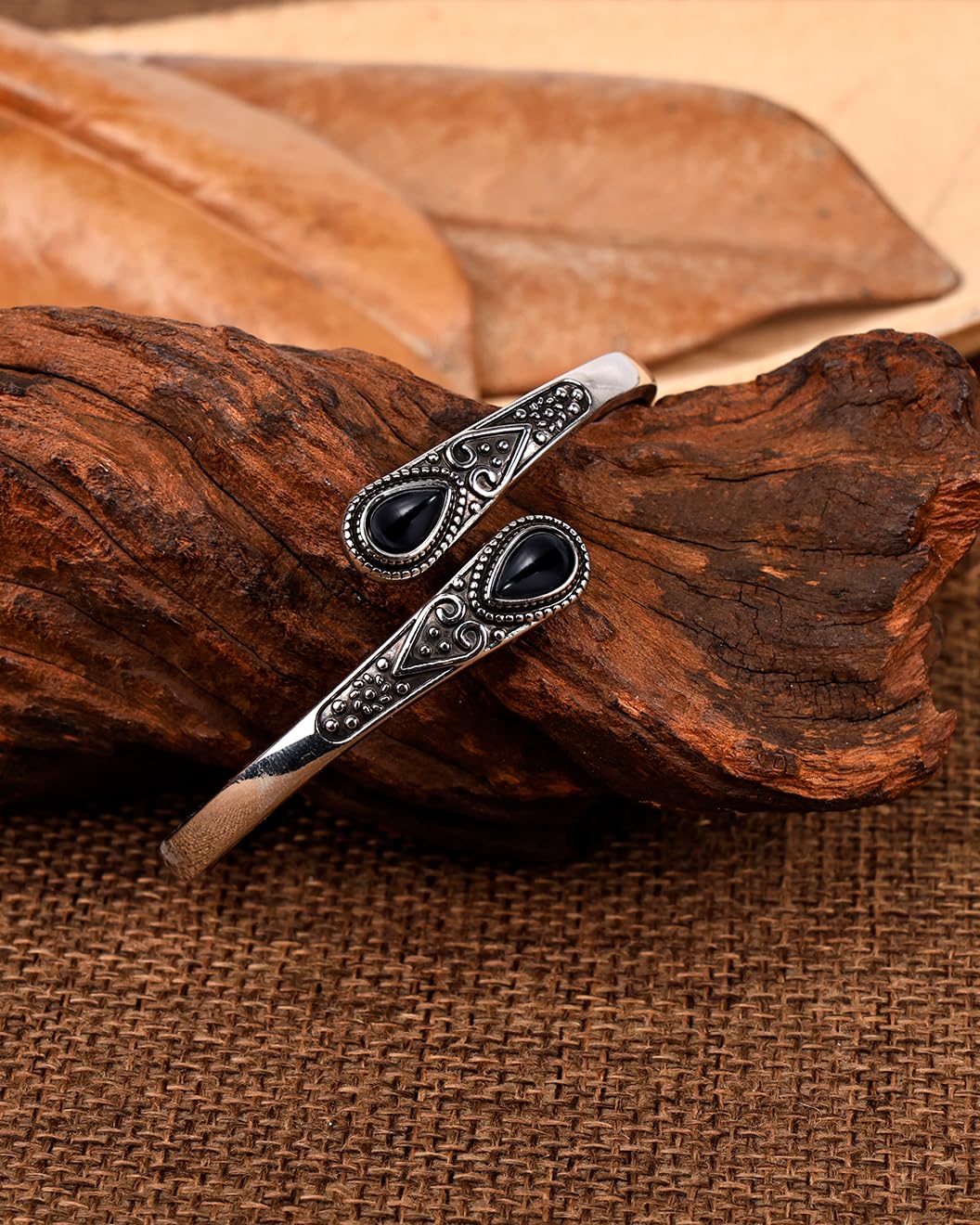 Irideket Vintage Sterling Silver Bracelet with Black Onyx, Silver Bangles for Women, Adjustable Silver Jewelry, Elegant Cuff Silver Bracelet