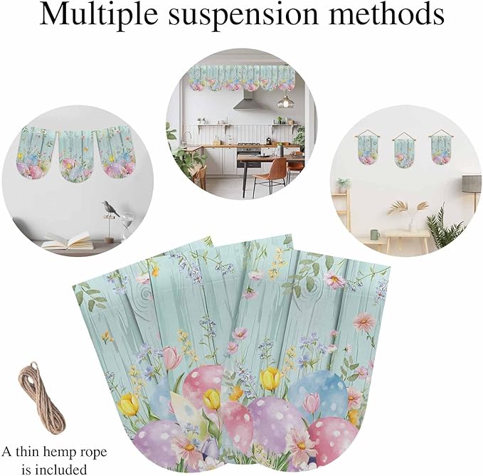 Easter Eggs Banner 3Pcs Indoor Outdoor Hanging Banner Flag Spring Daisy Eucalyptus Leaves Teal Wooden Sign for Fireplace Mantel Decorative Bunting Garland Valance for Shop Door Mantle Decor 7.9"x11.8"