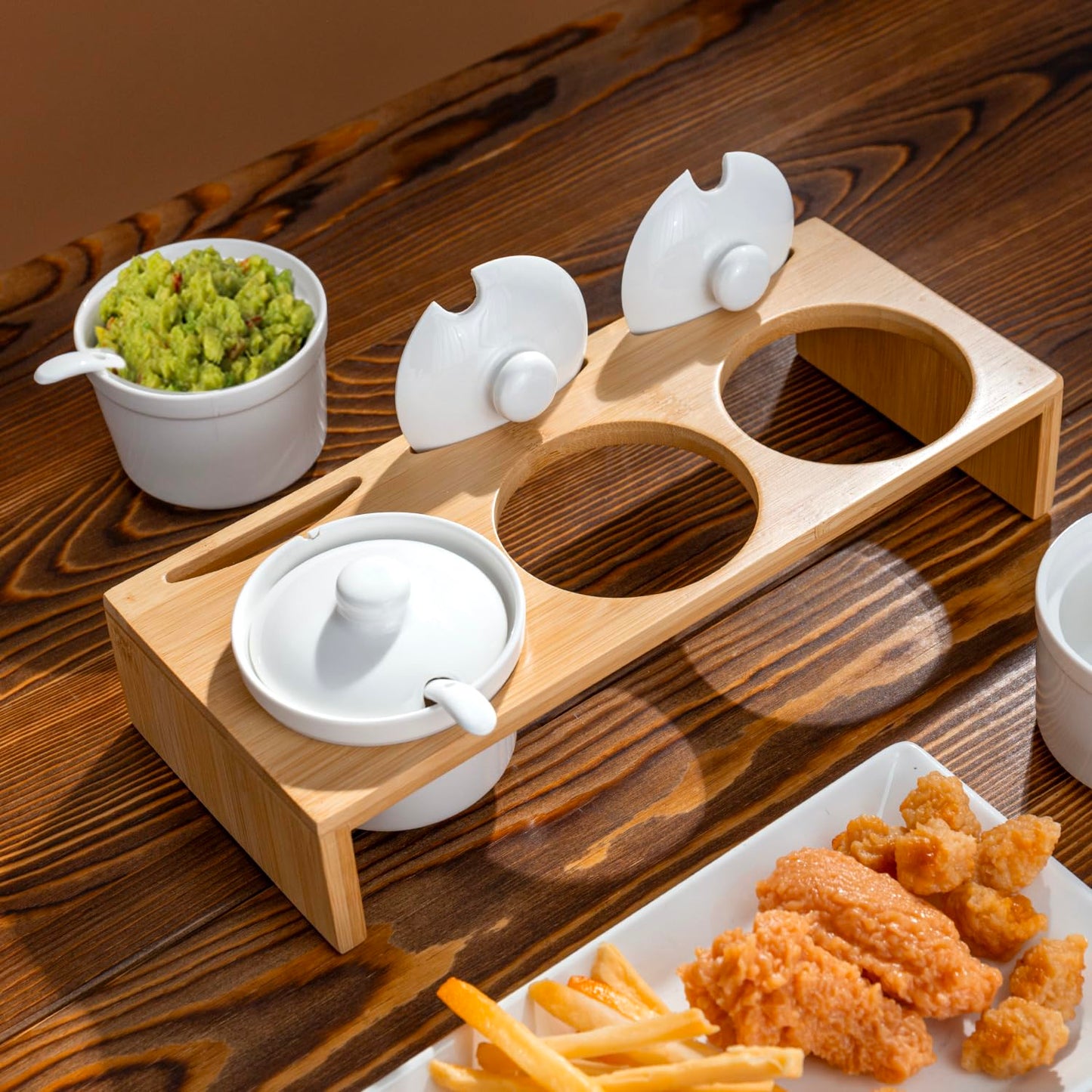 MyGift 10 Piece Condiment Pot Serving Set Includes Premium Solid Bamboo Wood Raised Display Server Tray and 3 Ceramic Ramekin Dip Bowls with Lids and Spoons