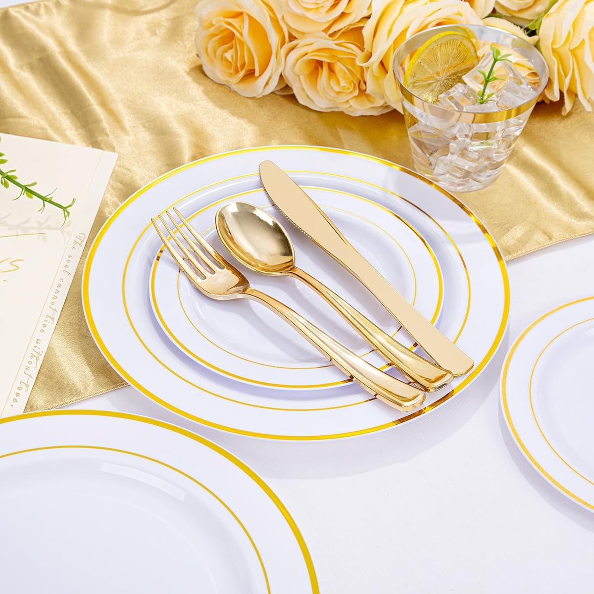 Gold Disposable Dinnerware Set for 100 Guests - 600PC BPA-Free Plastic Plates & Cutlery Kit with 100 Dinner Plates, Salad Plates, Forks, Knives, Spoons & Cups for Wedding, Party, Catering (Heavy-Duty)