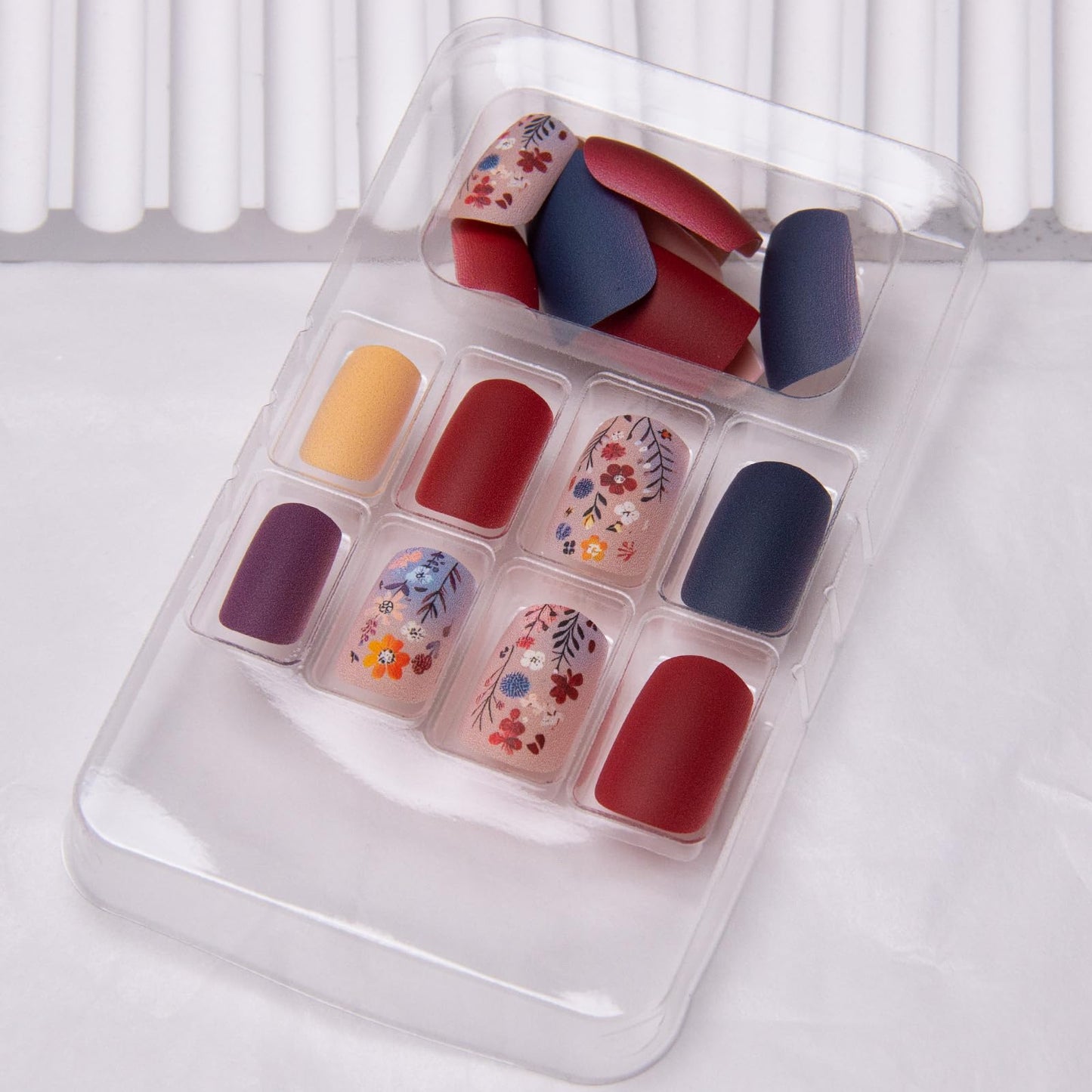 Flowers Press on Nails Square Medium Length Fake Nails Colorful Acrylic Nails Spring Floral False Nails Designs Short Squoval Artificial Nails Full Cover Glue on Nails for Women Girls 24pcs