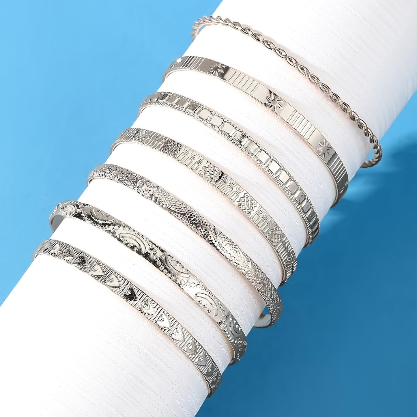 IFKM Silver Bangles Bracelets For Women, Silver Plated Multi Layer Stackable Cuff Bracelet Set, Trendy Elegance Charms Non Tarnish Minimalist Textured Boho Jewelry Gift for Women