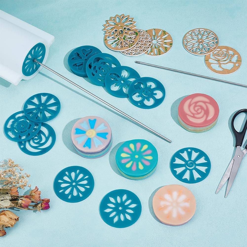 BENECREAT 15Pcs Set Acrylic Soap Mold Kaleidoscope Pull Through Mold Flower Shape Mold with Stainless Steel Stick for DIY Craft, Candle & Cake Decoration