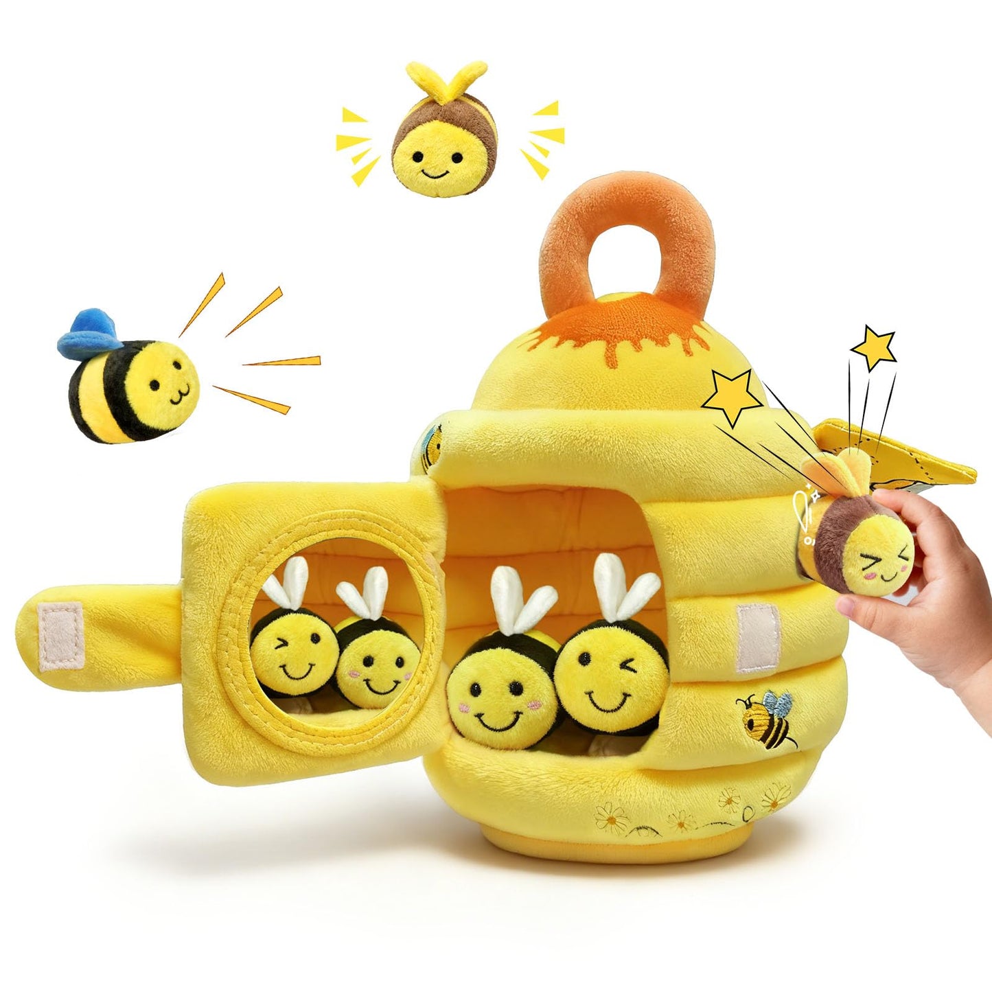 wahaczon Baby Toys - Soft Beehive with 5 Sensory Bees Crinkle, Rattle, Squeaker, Mirror Portable Sensory Toys Montessori Bee Toy for Toddlers, Boy Girl Birthday Christmas Gift