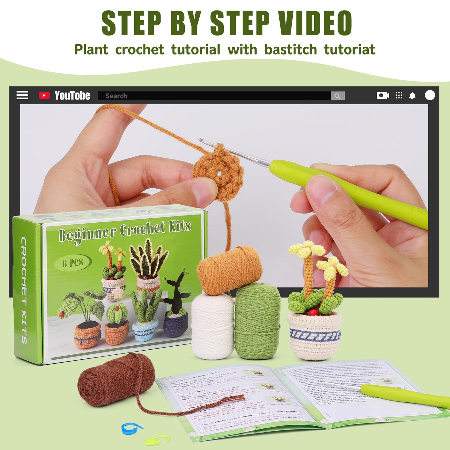 Hssugi Crochet Kit for Beginners, 6PCS Succulents Plants Crochet Kits, Knitting Kit with Step-by-Step Video Tutorials, Crochet Yarn DIY Beginner Crochet Kit for Adults Succulent Family