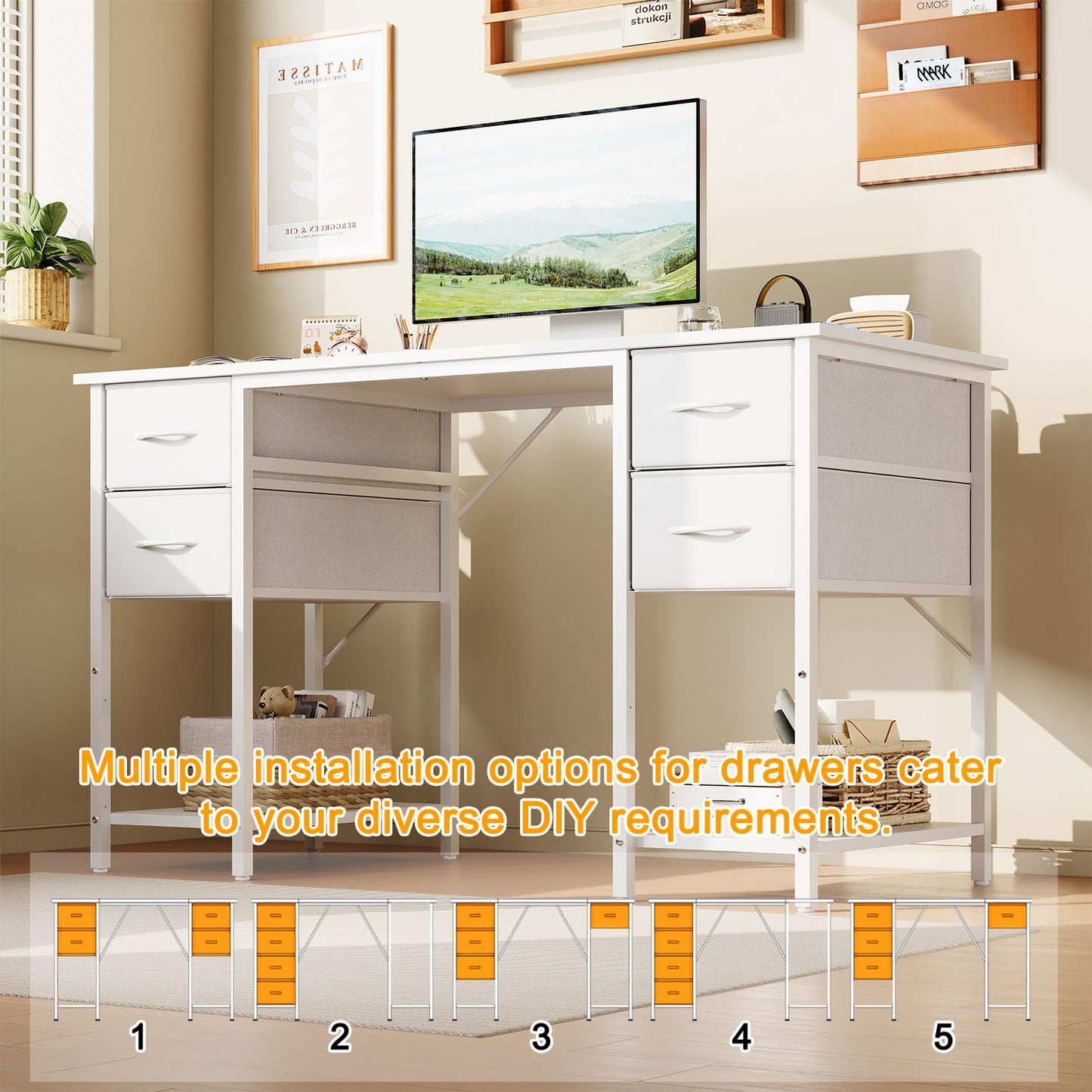 Grandder Computer Desk with 4 Drawers, 47 Inch Office Table with Storage, Gaming with CPU Shelves, Writing Desk Workstation for Home Office, Study, Bedroom, Work from Home, White