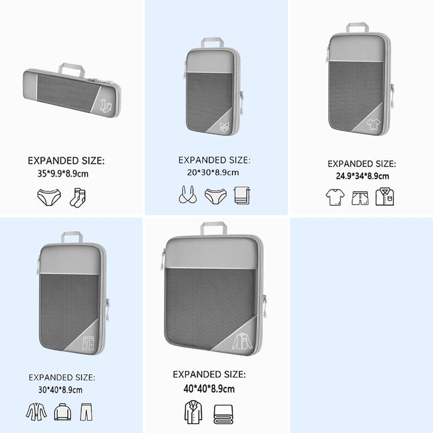 5 Pack Packing Cubes for Travel Ultralight Expandable Suitcase Organizer Bags with Double Zipper for Carry-on Luggage, Cruise, Vacation