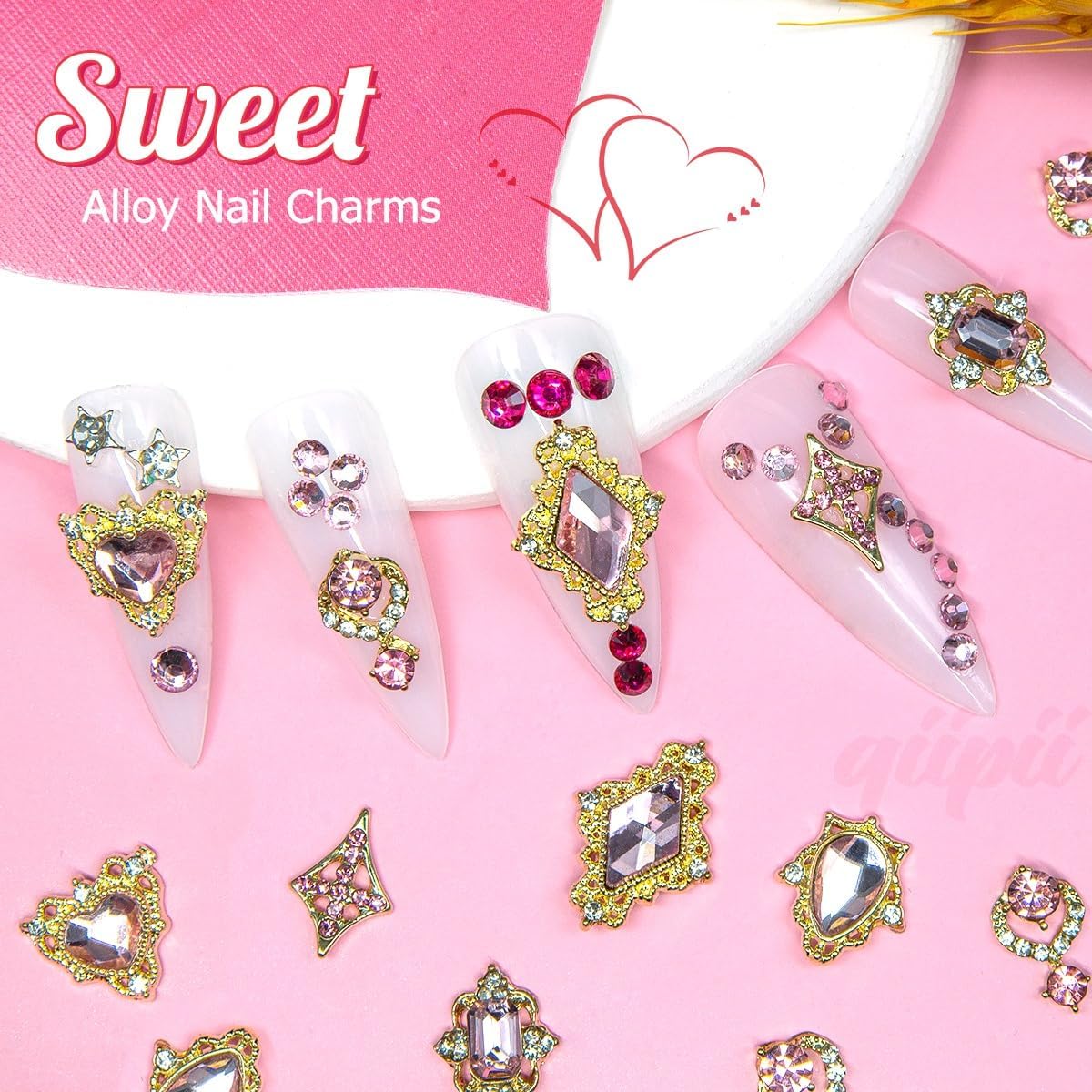 qiipii 24pcs Pink Luxury Nail Charms +2000pcs Rhinestones 3D Big Nail Gems K9 Glass Nail Crystals Diamonds Jewelry Stones Alloy Nail Art Studs Decor Supplies Heart Charms for Arylic Nails DIY Crafts