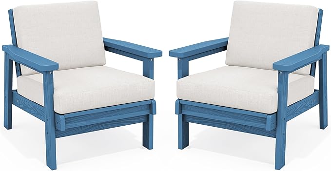 SERWALL HDPE Outdoor Couch Set of 2, Blue Frame and Khaki Cushion