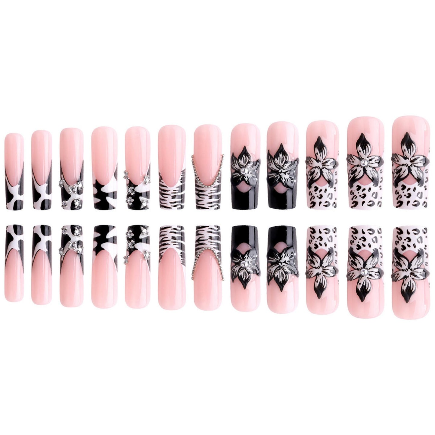 SEENEEY Long Press on Nails Square Fake Nails Black Artificial Nail 3D Floral Designs Rhinestones Stick on Nail for Women 24pcs