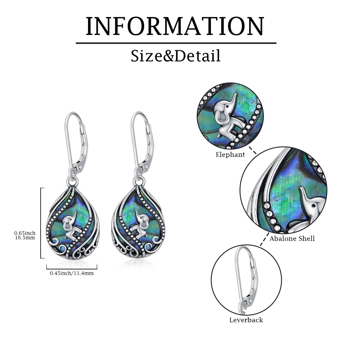 YYmqmq Elephant Earrings for Women 925 Sterling Sliver Abalone Dangle Earrings Leverback Abalone Shell Jewelry Elephant Gifts for Women Girlfriend