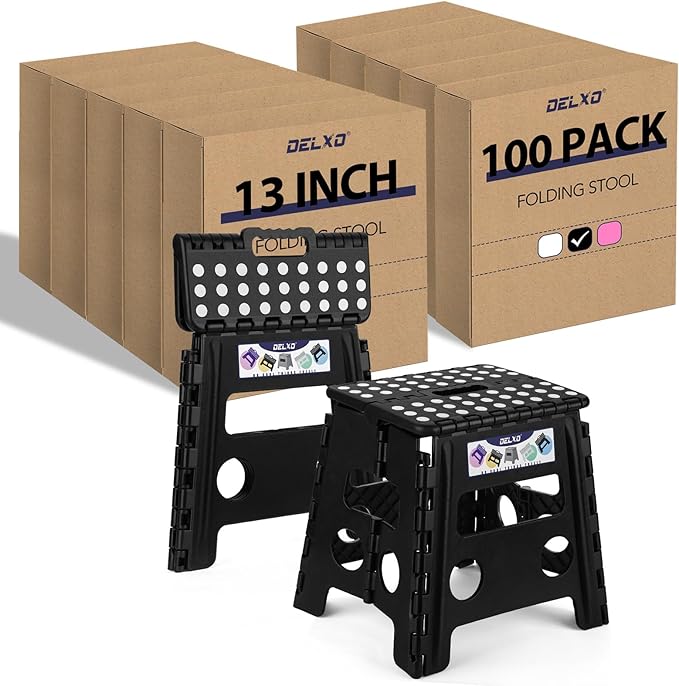 Delxo Folding Step Stool, 13 inch 100 Pack Non-Slip Foldable Stools Up to 300 LBS, Step Stool with Handle, Lightweight for Kitchen, Bathroom, Bedroom, Garden, Black