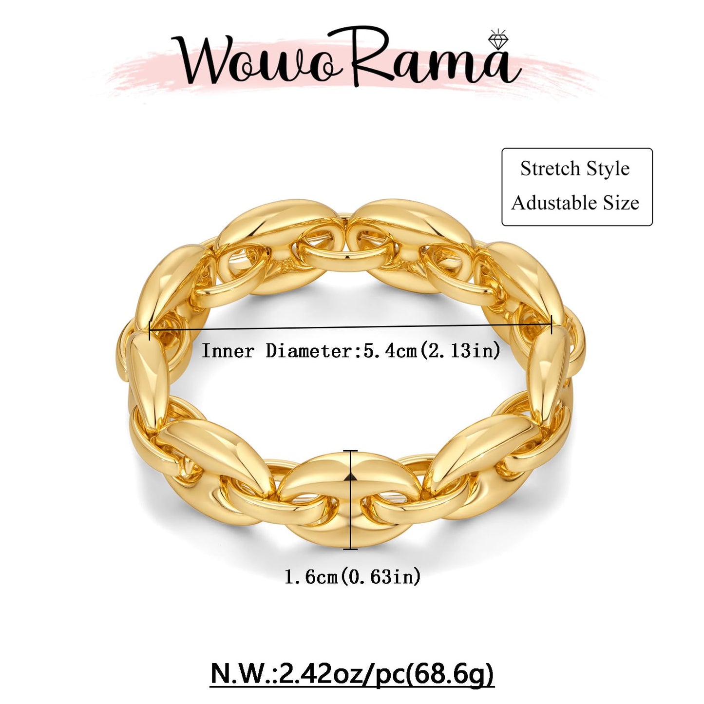 WOWORAMA Gold Chunky Chain Bracelet for Women Adjustable Elastic Stretch Bangle Bracelets Gold Thick Chain Statement Chunky Bracelet