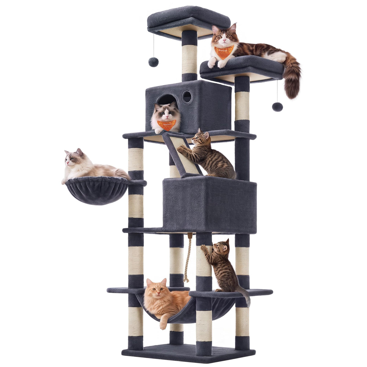 Feandrea Cat Tree, 81.1-Inch Large Cat Tower, Multi-Level Condo, Smoky Gray