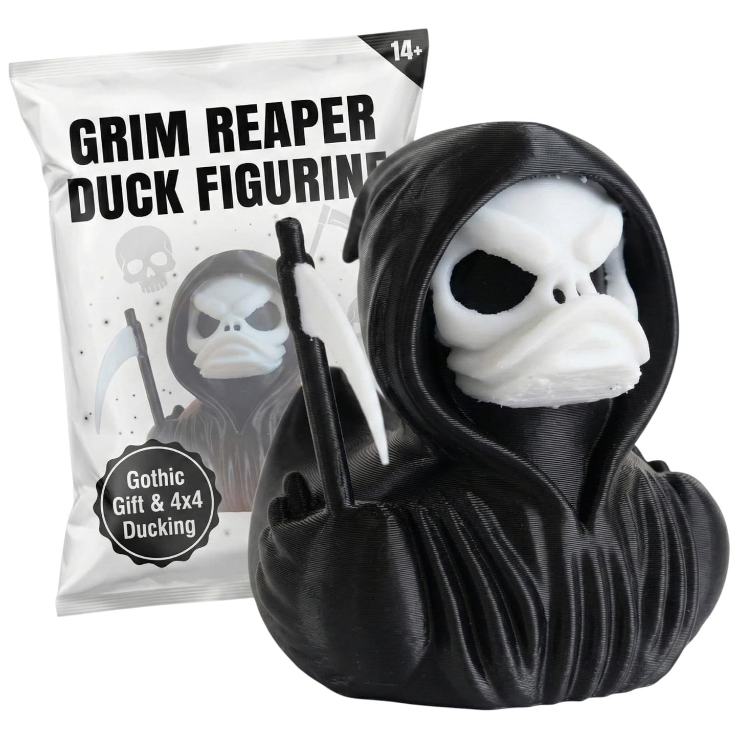 Grim Reaper Duck Collectible Figurine - Macabre Gothic Horror Desk Accent for Unique Shelf Display or Gift - 3D Printed in Canada