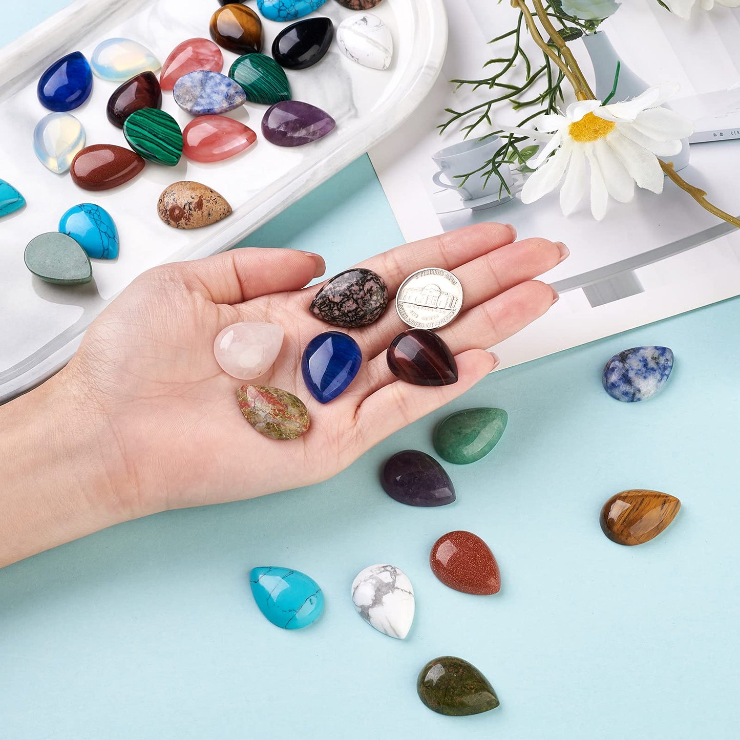 Fashewelry 38pcs Teardrop Healing Crystal Gemstone Cabochons 25x18mm Assorted Flatback Natural & Synthetic Energy Stone Cab Covers No Hole for Jewelry Craft Bracelet Necklace Making