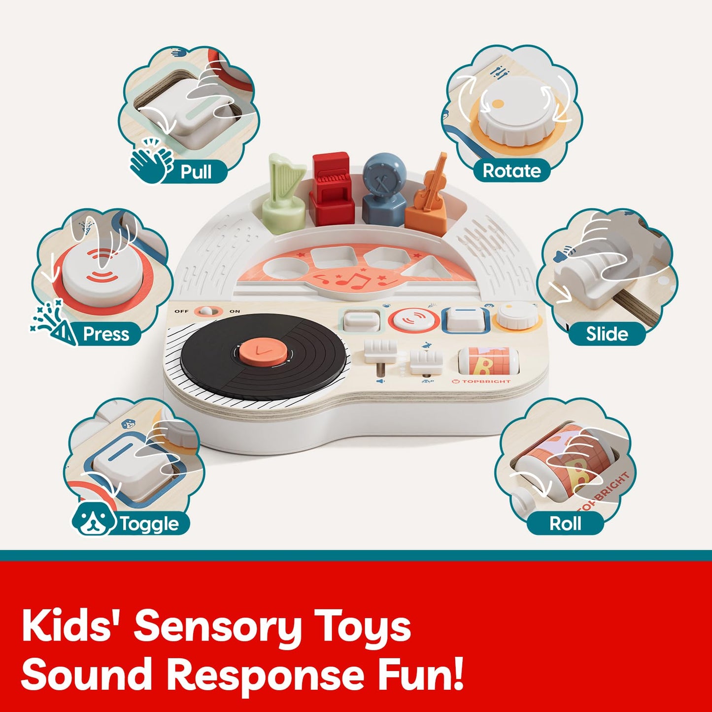 TOP BRIGHT DJ Music Busy Board - Wooden Toddler Toys for Boys and Girls，Montessori Sensory Toy with 14 Activities with Sound Blocks, Portable Travel Toy for 18M+