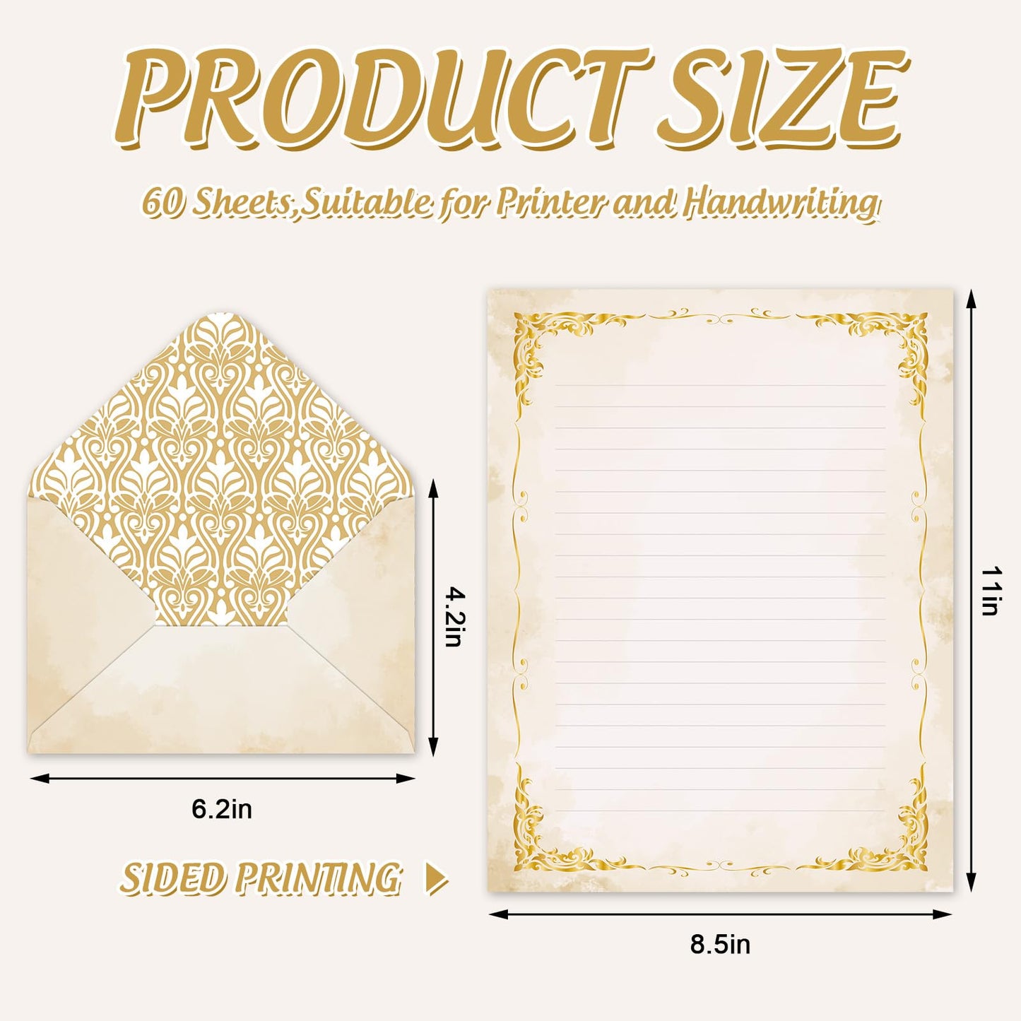Whaline 60 Vintage Stationery Paper Set Gold Border Letter Writing Paper with Envelopes for Greeting Card Invitation Office Printing, 8.5 x 11 Inch