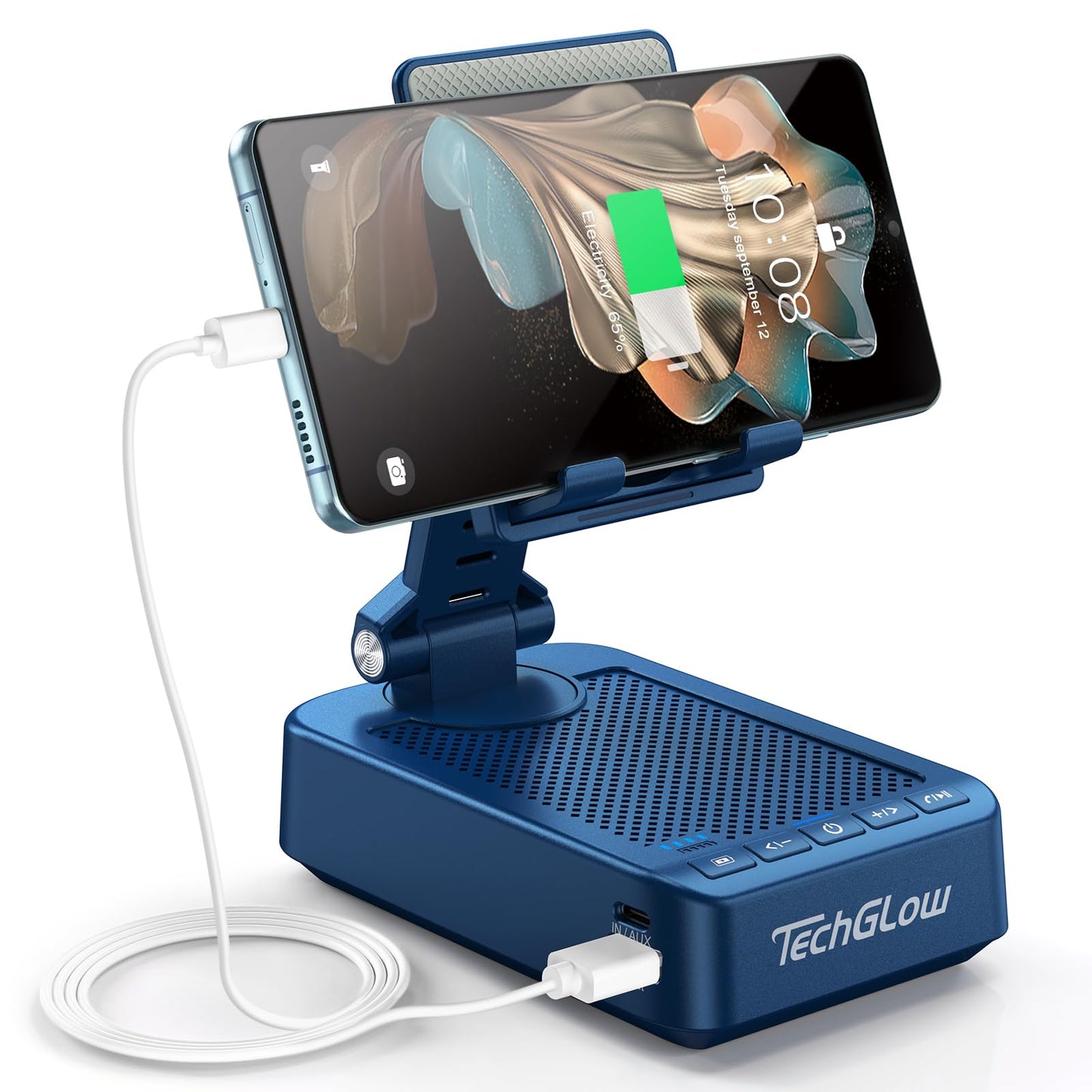 TechGlow Gifts for Men Women Foldable Cellphone Stand with Bluetooth Speaker and Charging Function 360° Rotatable Phone Stand Birthday Gift Idea for Mom Dad Cool Tech Gifts-Blue