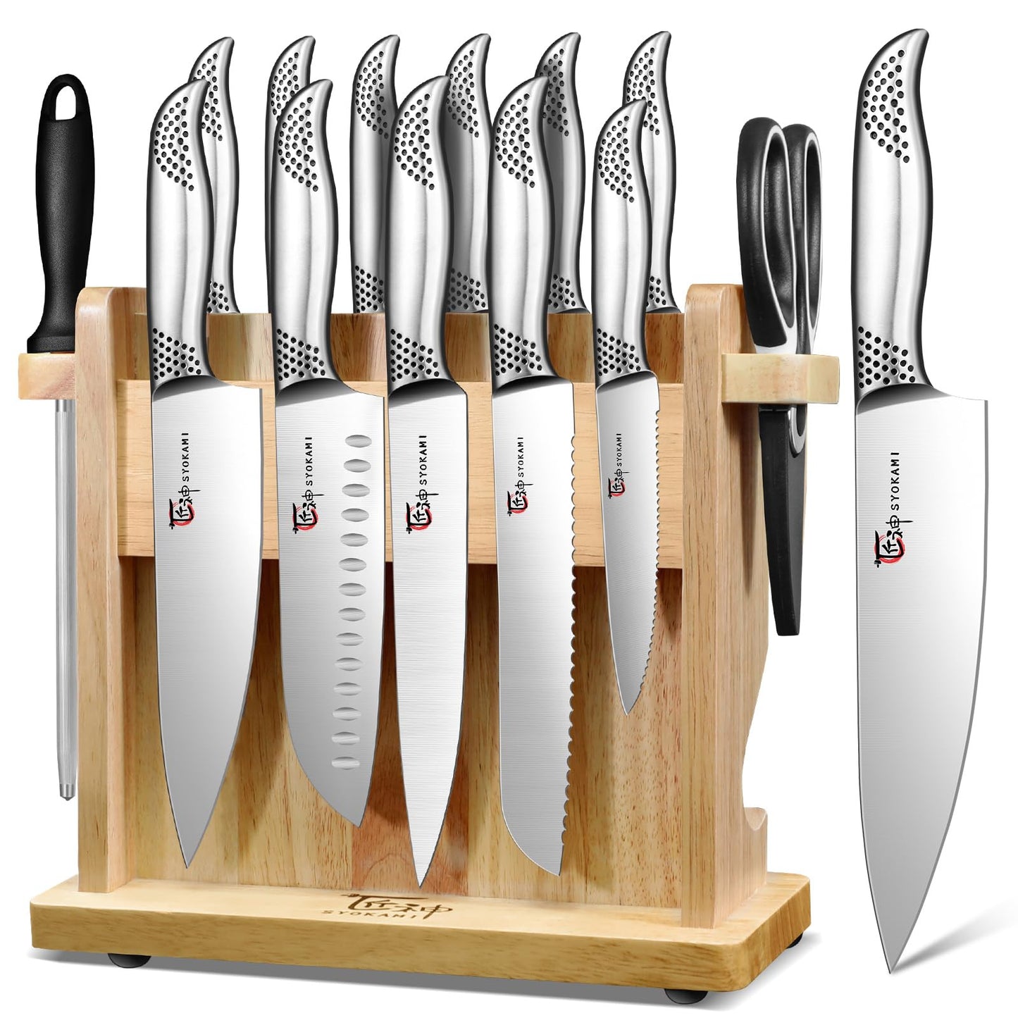 SYOKAMI Japanese Knives Set for Kitchen, Magnetic Knife Set with Block and Sharpener, Stainless Steel Knife Set as Gift for Couple, Wedding, Women or Mom with Gift Box, 14 PCS Black Dot