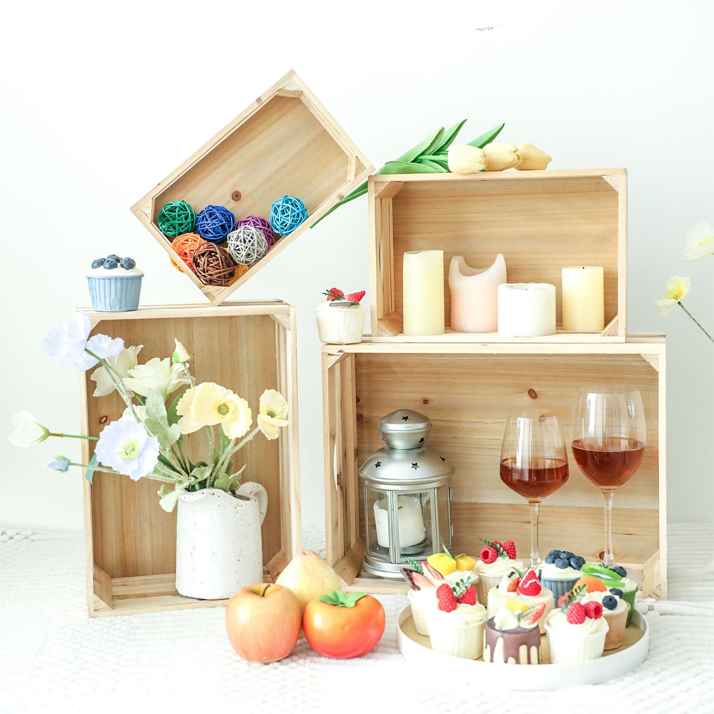 UPPER DECOR Large Wooden Crates Unfinished Set of 4 Decorative Storage Box with Handles, Rustic Farmhouse Wooden Crates for Display, Living Room Container Basket Box for Kitchen, Pantry, Bedroom