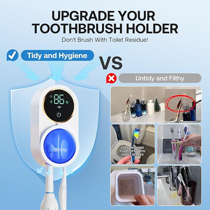 Bitvae Upgraded Tooth Brush Holder for Bathroom 2.0, Infrared Sensing Toothbrush Cleaner, Wall-Mounted for Any Size Toothbrushes, Air Drying, LED Smart Screen, White Gold Trim