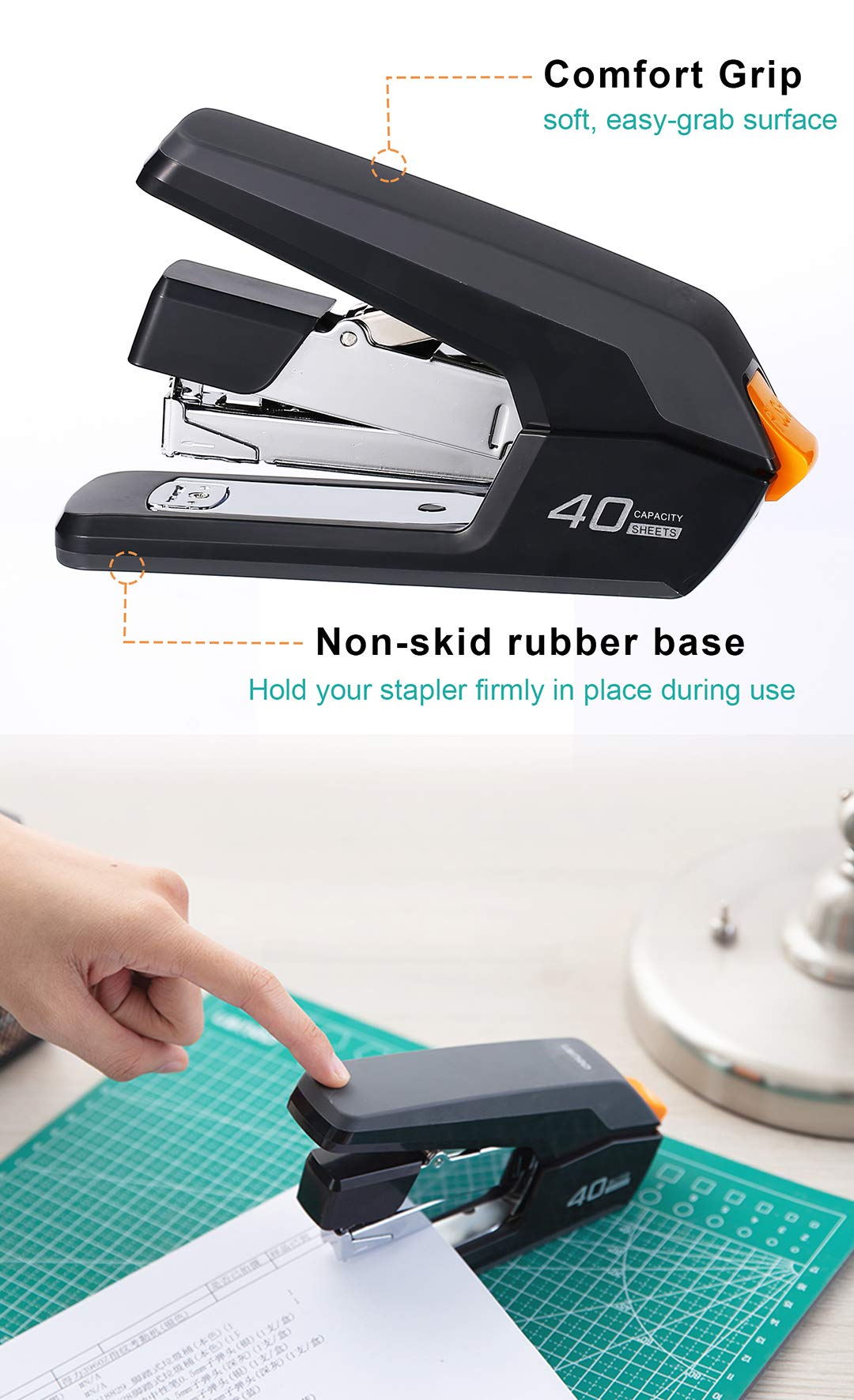 Leven Effortless Desktop Stapler, 40 Sheet Capacity, One Finger Touch Stapling, Easy to Load Ergonomic Heavy Duty Stapler, Includes 1500 Staples and Staple Remover