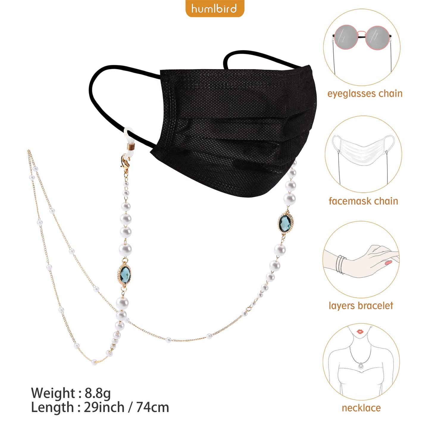 humlbird Glasses Chain Mask Lanyard Eyeglasses Chain Healing Crystal Beaded Sunglasses Chains with Pearl for Women