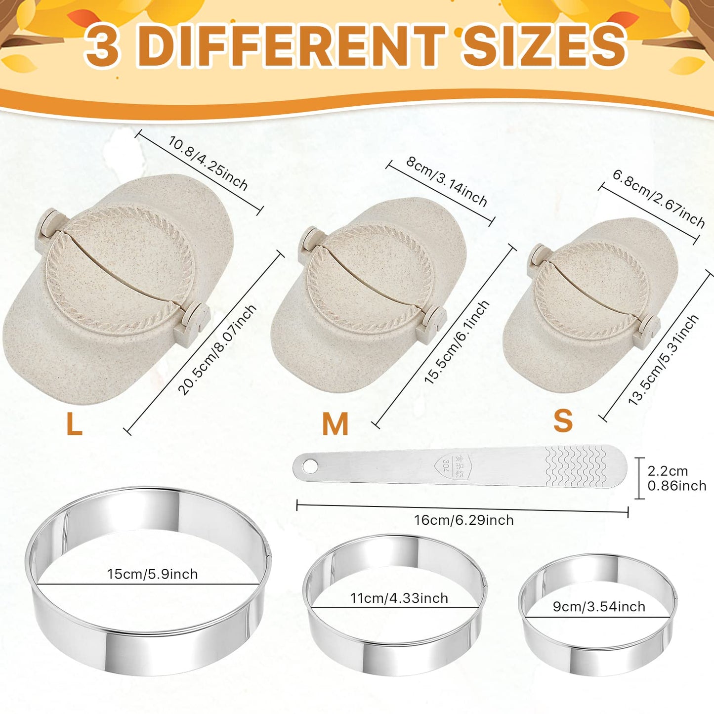 Worldity 7 Pieces Empanada Maker Press, All-in-One 3 Size (4.25/3.14/2.67in) Dumpling Maker Press with Dough Cutter and Stuffing Spoon, Dumpling Mold for Pierogi, Chinese Dumplings, Ravioli and Pie