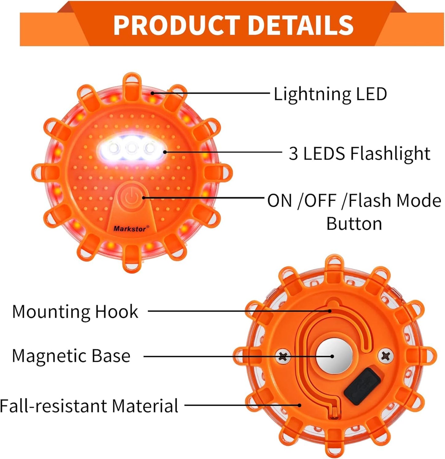 Markstor LED Road Flares 12 Pack Roadside Emergency Car Kit, USB Rechargeable (lithium battery) Road Safety Flare Light,9 Flash Modes,With Magnet & Hook Safety Beacon Warning Light (12 Pack)