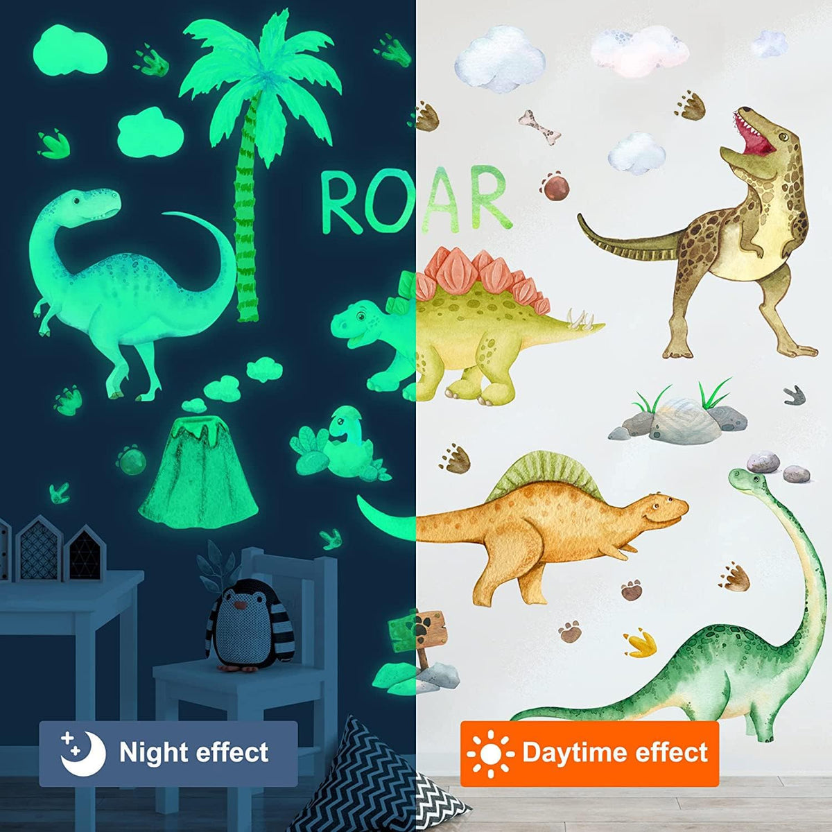 Dinosaur Wall Decals Glow in The Dark Dinosaur Wall Stickers Watercolor Dinosaur Decal Large Removable Vinyl Dino Wall Decals for Boys Bedroom Kids Girls Nursery Playroom Living Room Wall Decor Green