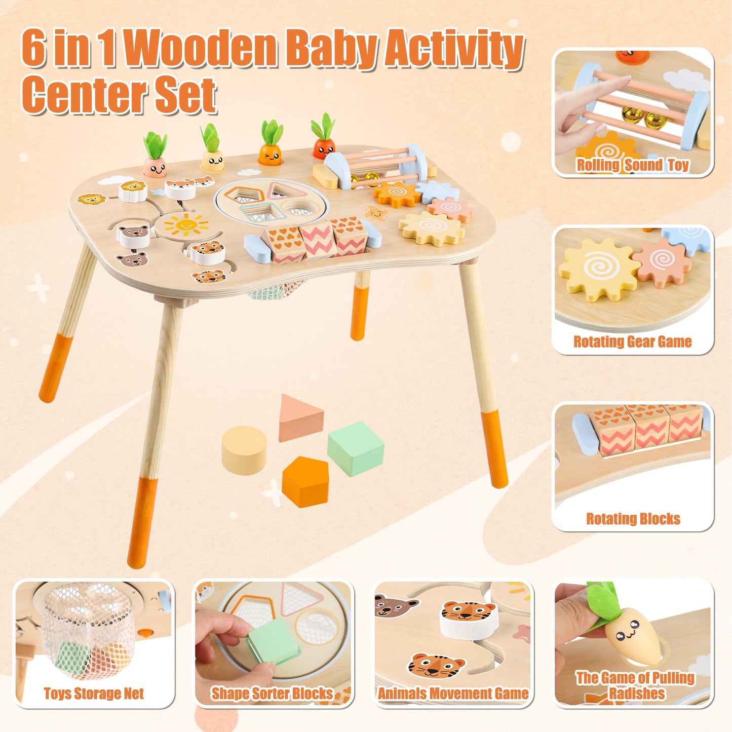 Wooden Activity Table for 1 Year Old Toddlers Sensory Table Activity Center 1-3 2 Baby Activity Table Kids Gift Game Wooden Montessori Table Shape Sorter Sensory Toys (Length*Height: 17"*11.8")
