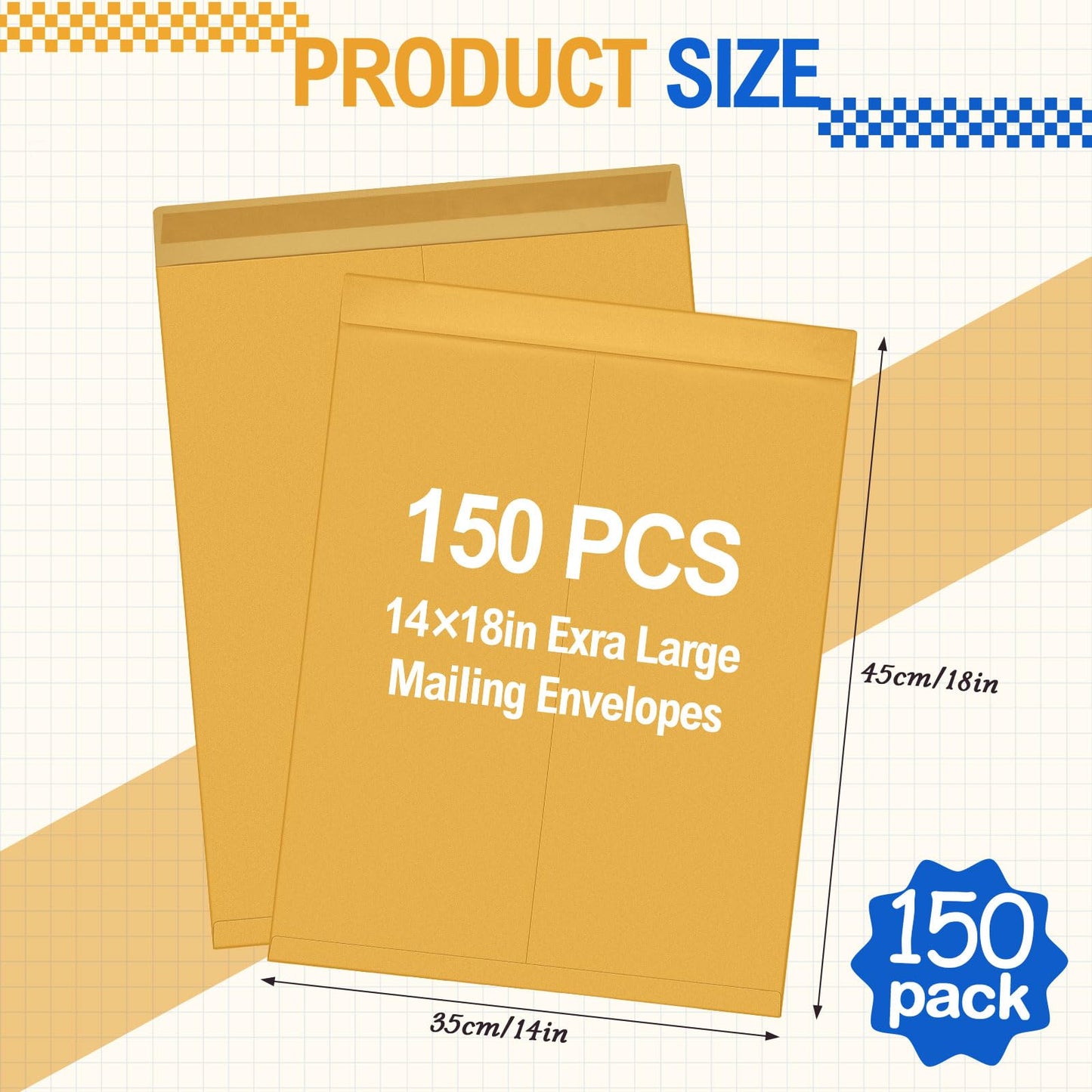 Motipuns 150 Pcs 14" x 18" Extra Large Mailing Envelopes 32lb with Gummed Flaps, Catalog Jumbo Craft Envelopes for Mailing, Storage and Organizing Documents Office Supplies(Yellow)