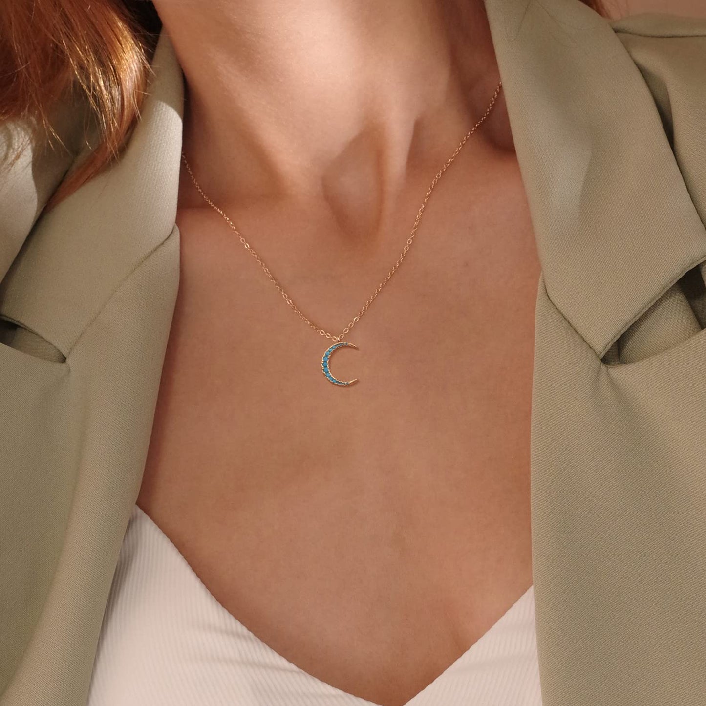 MEVECCO Gold Dainty Crescent Half Moon Necklace 18K Gold Plated Delicate Moon Phase Tiny Turquoise Beaded Necklace