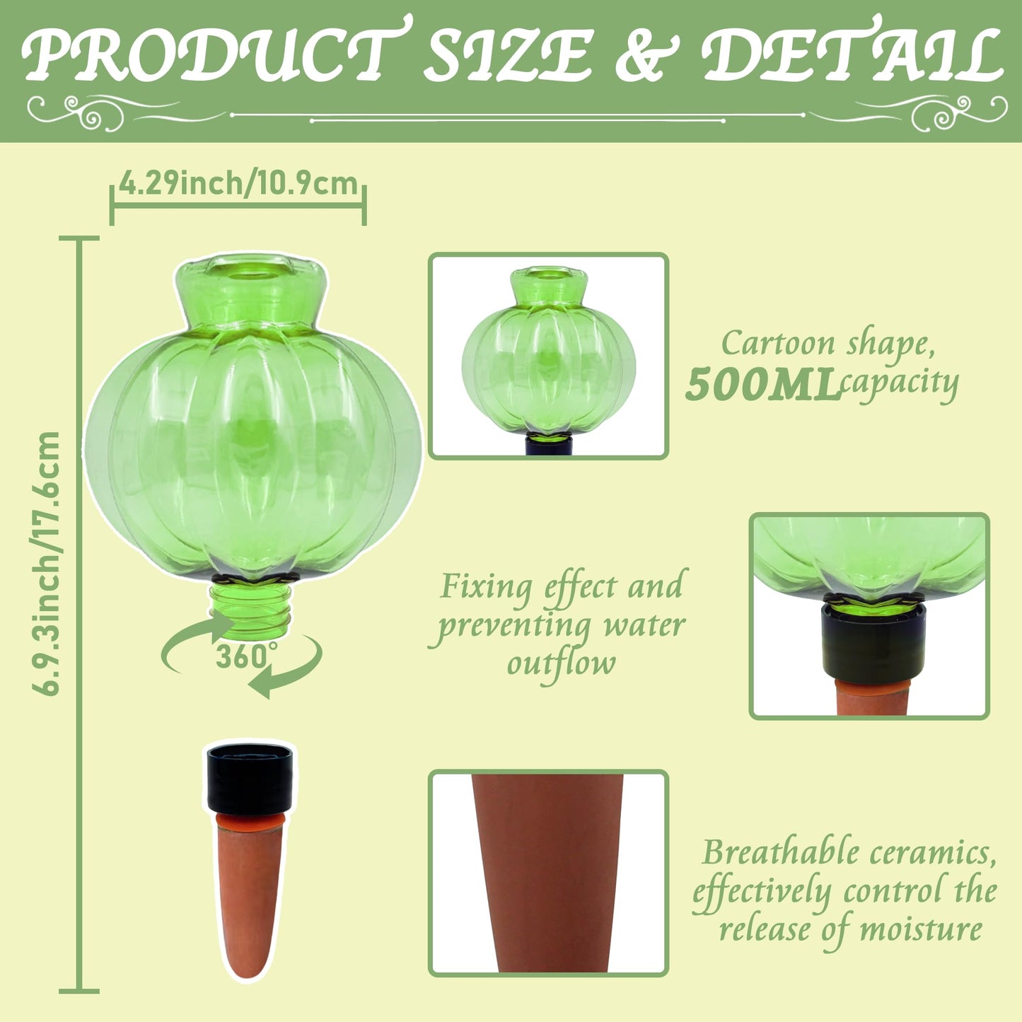 KIROYAL Self Watering Spikes 2 Pack, 16.9oz Large Capacity Plant Watering Globes, Up to 2 Weeks Automatic Watering, Terracotta Irrigation Device for Indoor Plants (Green Lantern Design)