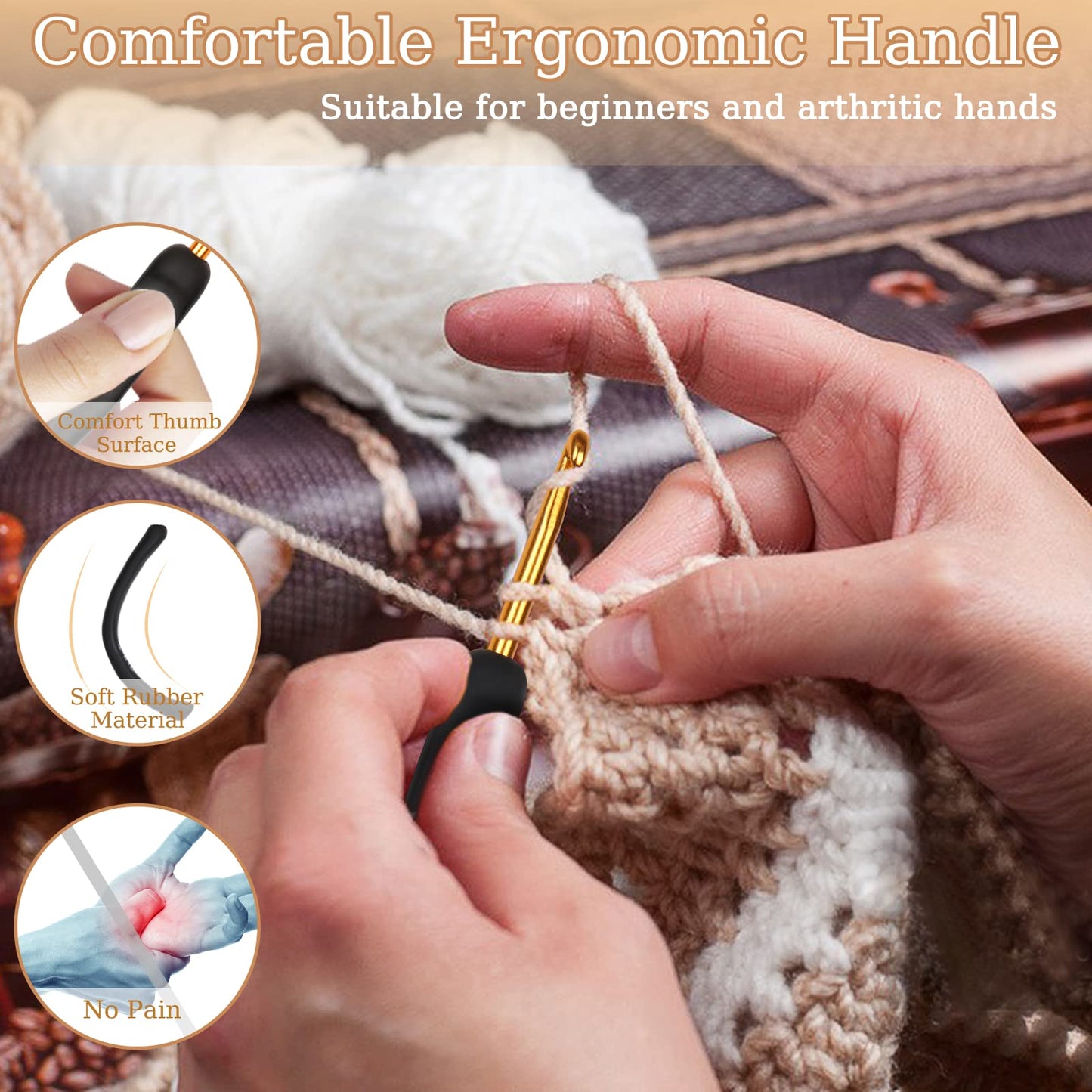 Aeelike 31pcs Crochet Hook Set, Black Gold Crochet Hooks Ergonomic with Grips for Arthritic Hands, Crochets Needles Set with Knitting & Crochet Supplies, Ideal Gift for Crocheting Beginner Lover