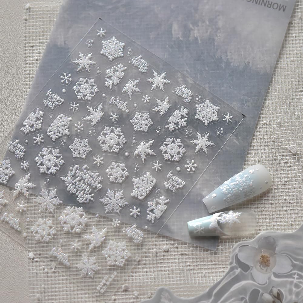 SoftSoul Snowflake Nail Stickers, 5D Embossed, White with Silver Accent, Premium Salon-Quality, Easy Application, Self-Adhesive, DIY Manicure, Nail Art, Press on, Home or Salon Use