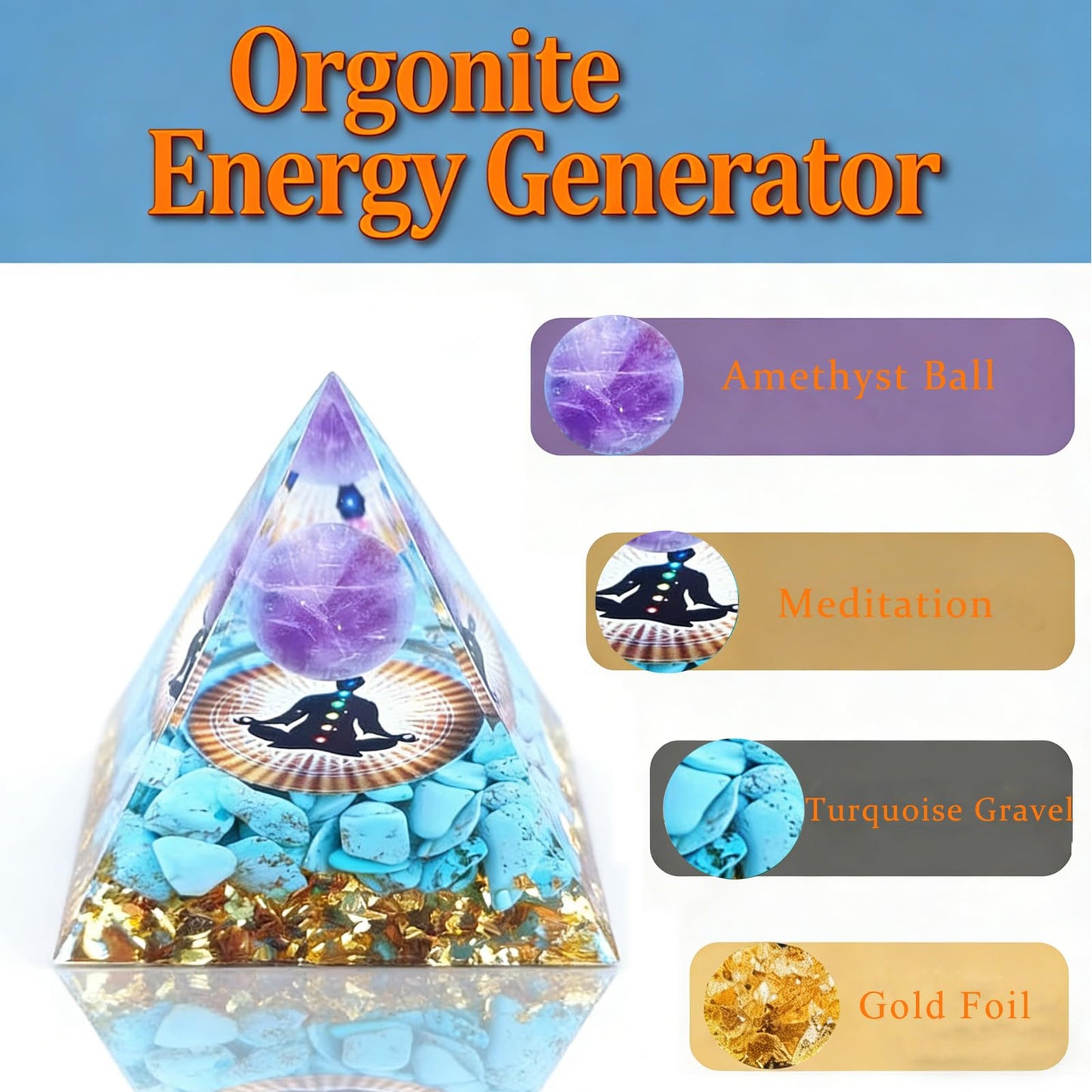 Crystal Column Orgonite Pyramid, Positive Energy Obsidian&Lapis Lazuli Orgone Crystal Healing Pyramid for Reduce Stress, Balance Chakra,Meditation, Attract Luck, Accumulate Wealth&Health (Light Blue)